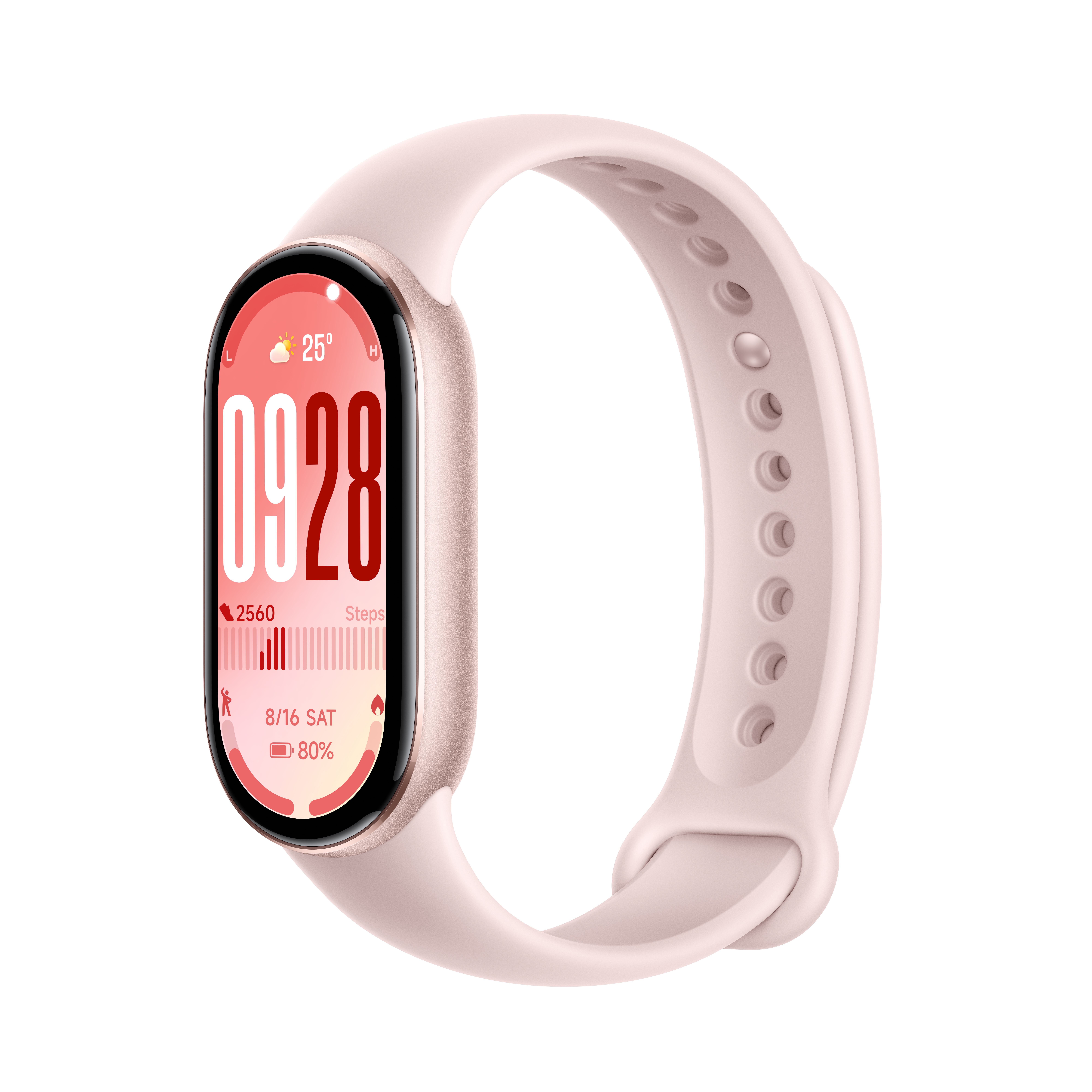 Eine rosa Smartwatch zeigt Uhrzeit, Schritte, Datum und Akku an. Das Band ist hellrosa und hat Löcher.