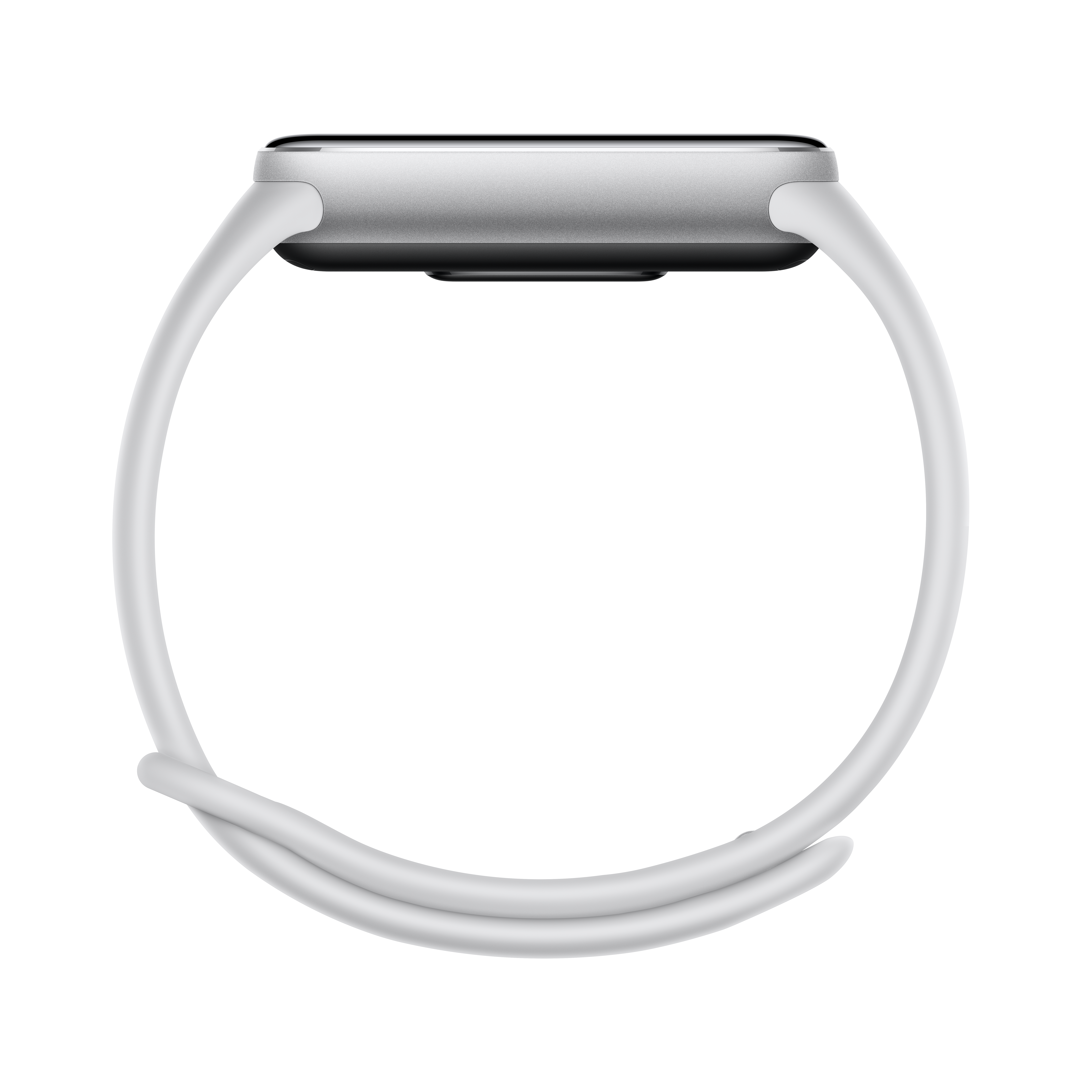 Eine silberne Smartwatch mit weißem Armband wird vor weißem Hintergrund gezeigt.