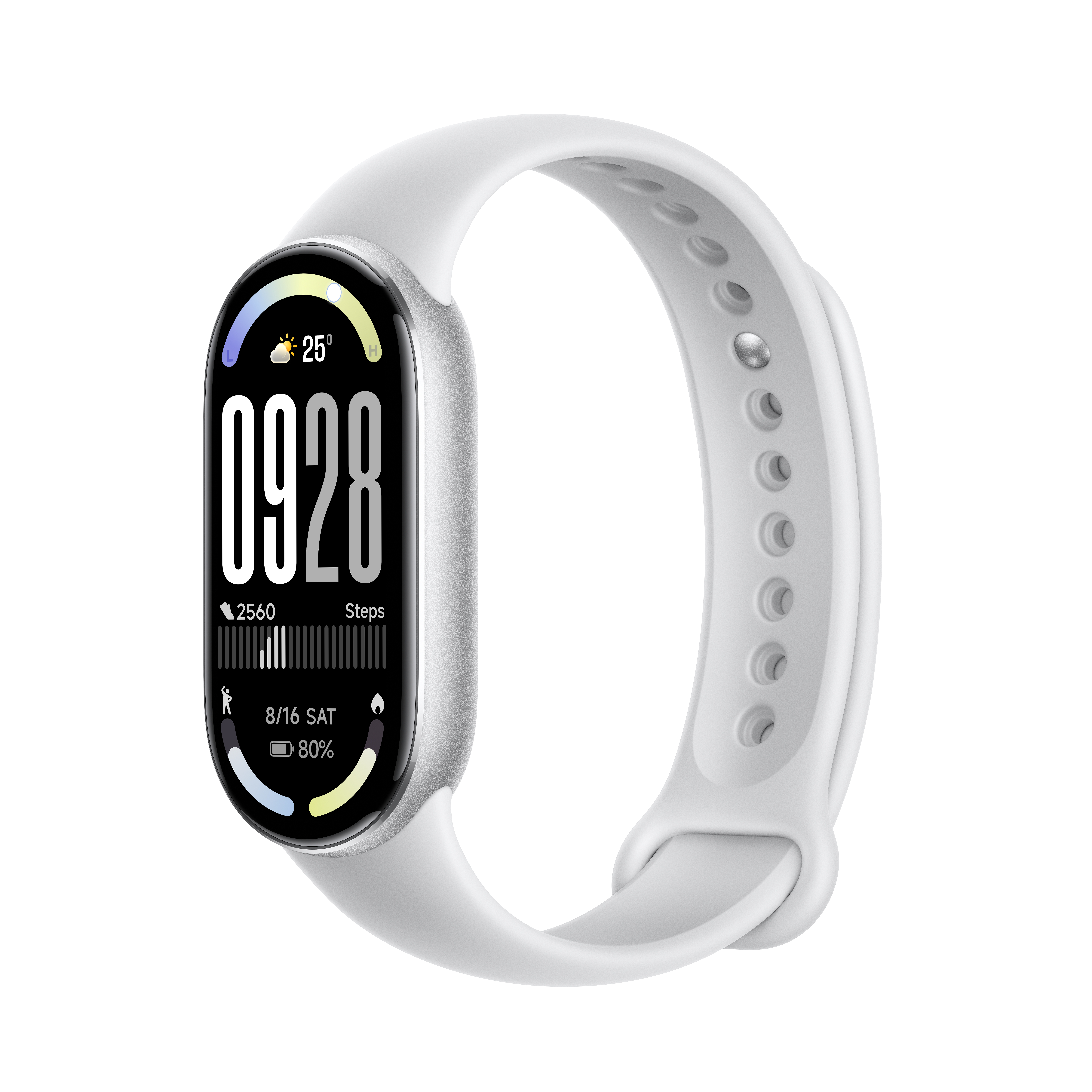 Ein weißer Fitnesstracker zeigt Zeit, Schritte und Datum an. Das Band ist weiß, und der Bildschirm zeigt schwarze Zahlen und Symbole.