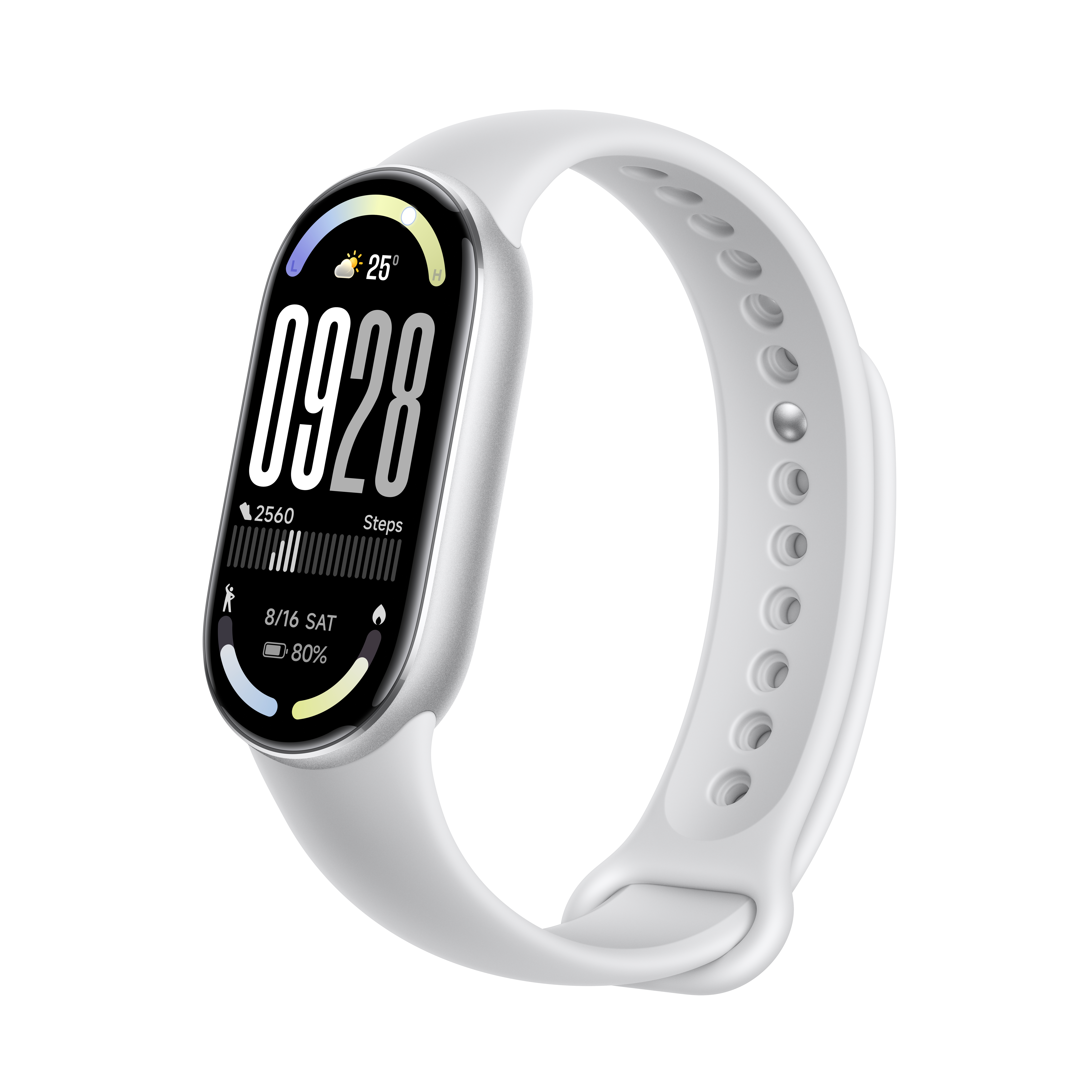 Eine weiße Smartwatch mit digitaler Anzeige von Zeit, Schritten und Akkulaufzeit. Sie hat ein weißes Armband.