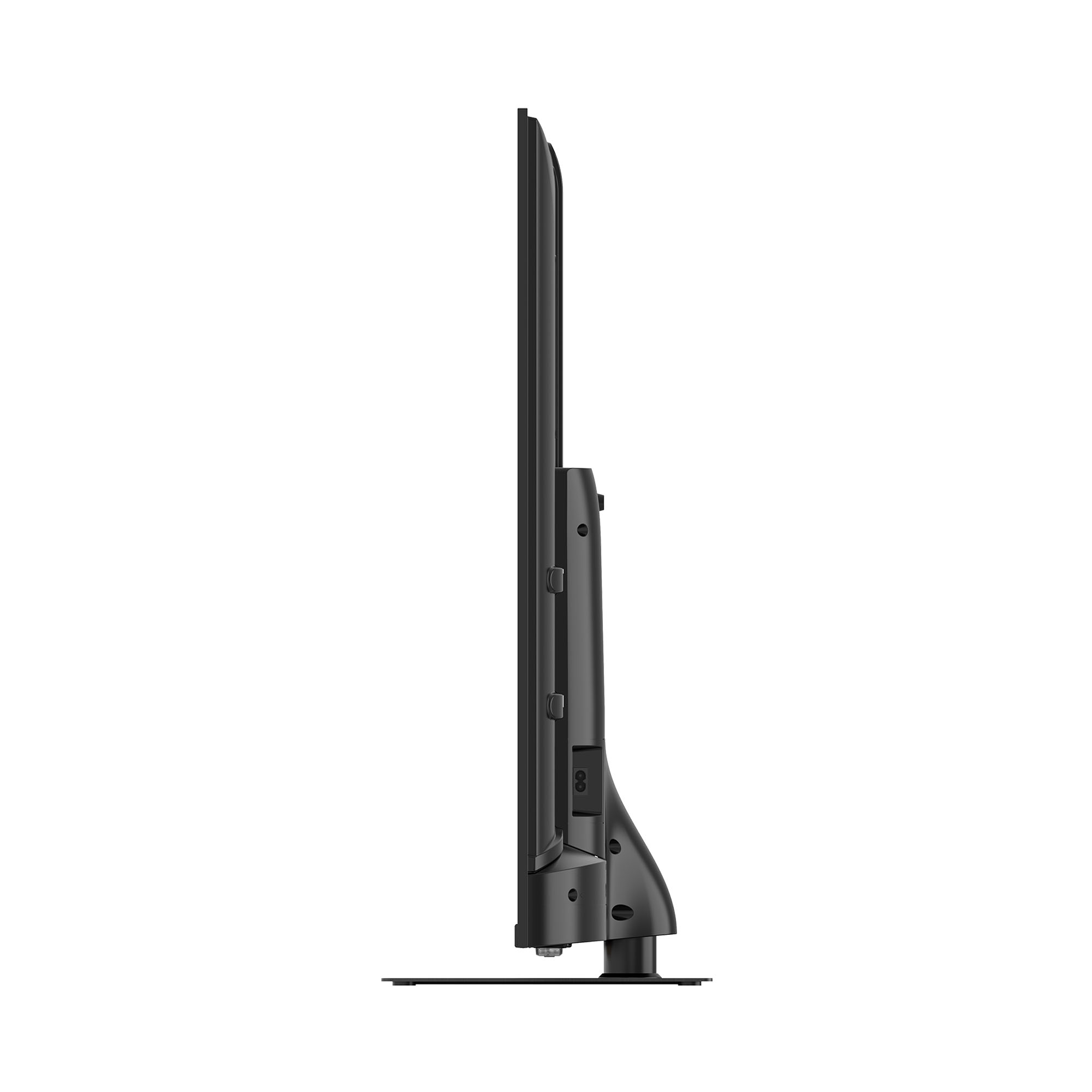 Yan görünümden siyah, şık bir TV. Stand alt kısımda, ekran ince, koyu renkli bir dikdörtgen.