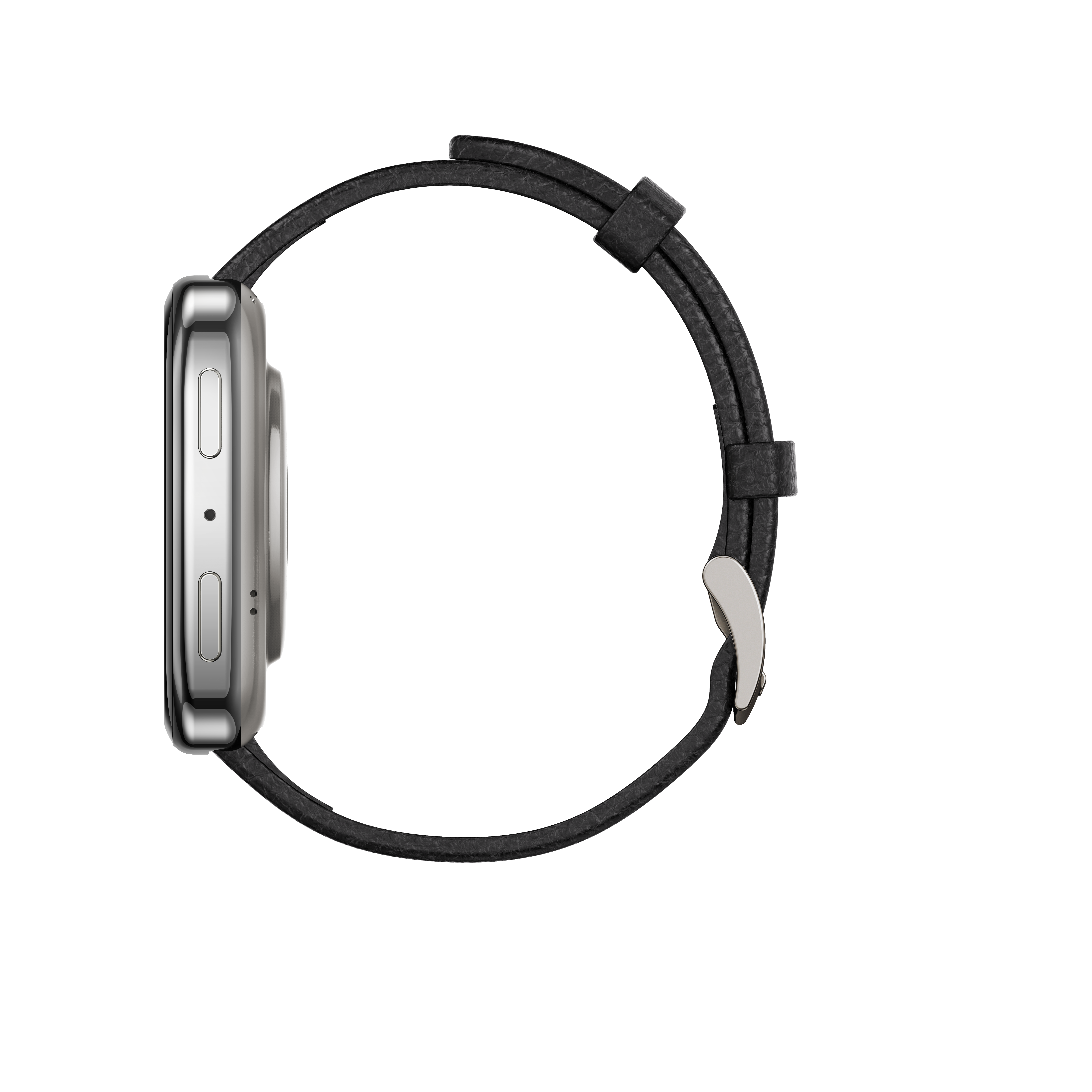Eine silberne Smartwatch mit schwarzem Lederarmband, Seitenansicht, vor schwarzem Hintergrund.
