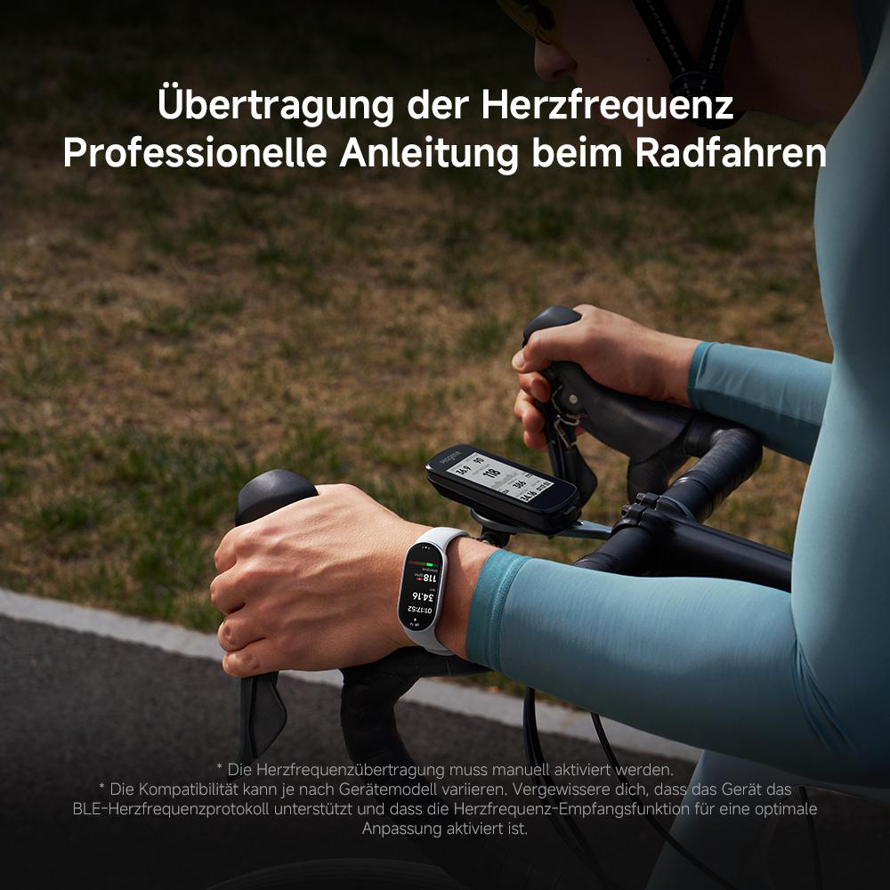 Radfahrer hält Lenker. Eine Uhr zeigt Statistiken. Ein Fahrradcomputer zeigt Daten. Text oben: Herzfrequenzübertragung. Professionelle Anleitung zum Radfahren.