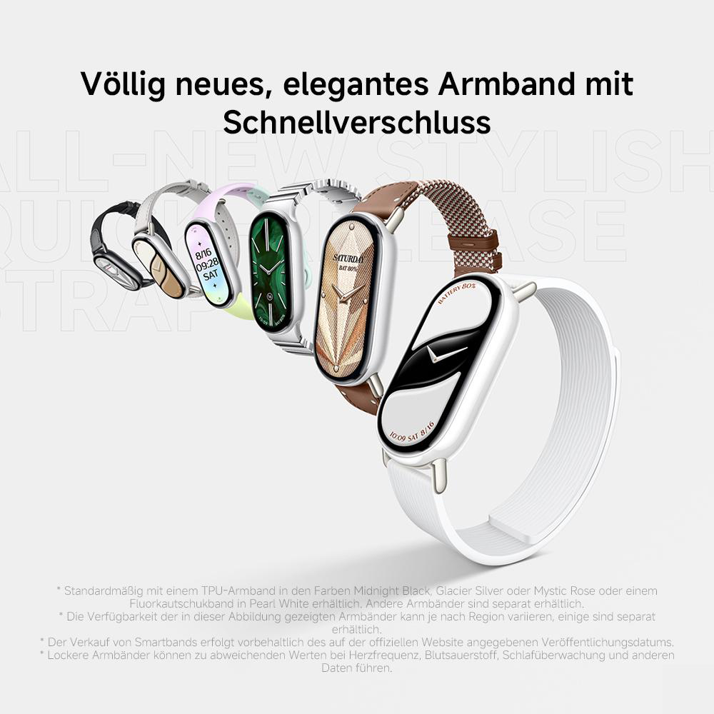 Mehrere Smartwatches mit verschiedenfarbigen Armbändern werden angezeigt. Die Uhren zeigen Zeit und Akkustatus.