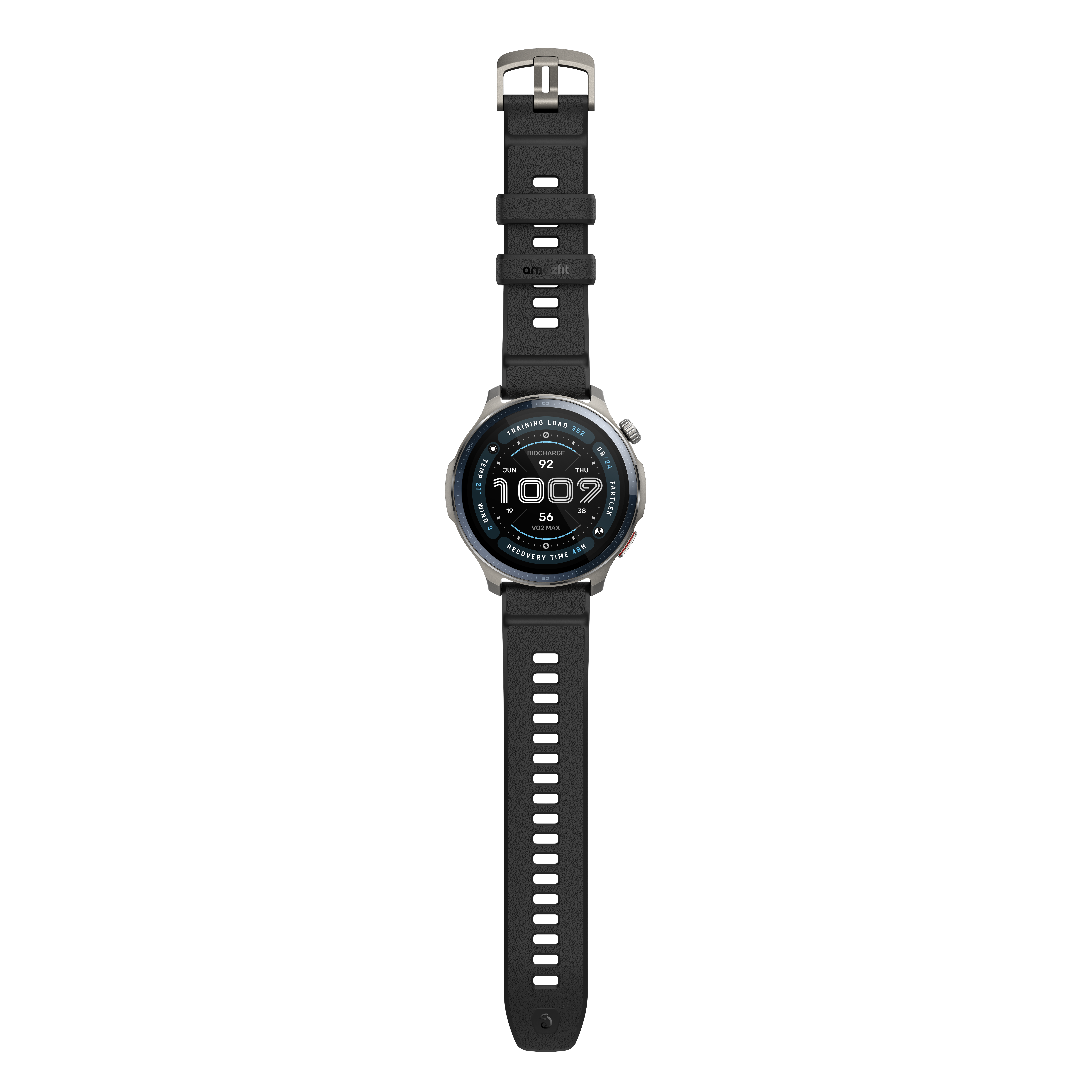 Eine schwarze Amazfit-Smartwatch mit schwarzem Armband wird gezeigt. Die Uhr zeigt Daten an und hat eine silberne Lünette.