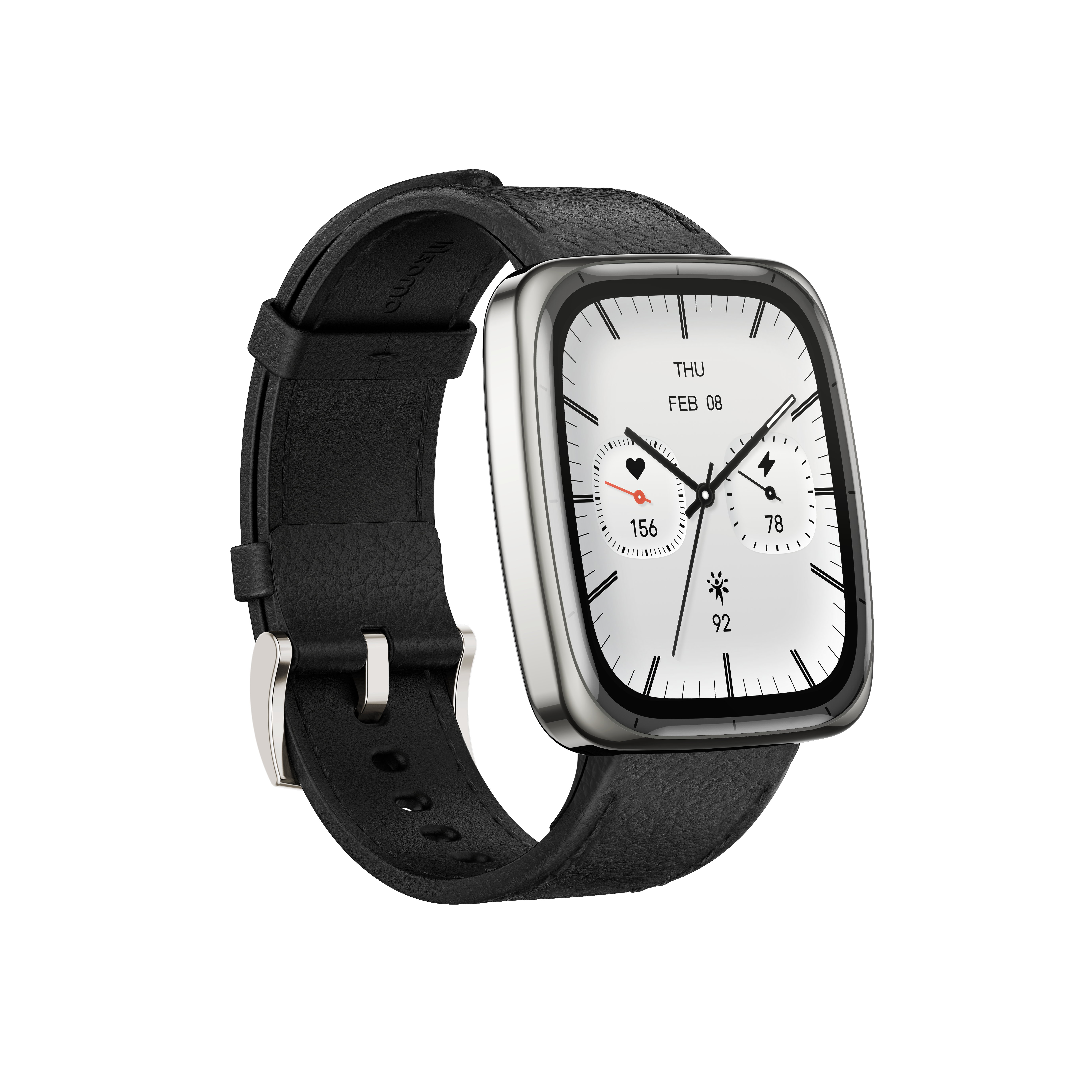 Eine Smartwatch mit schwarzem Lederarmband und silberfarbenem quadratischen Zifferblatt, das Zeit und Gesundheitsdaten anzeigt.