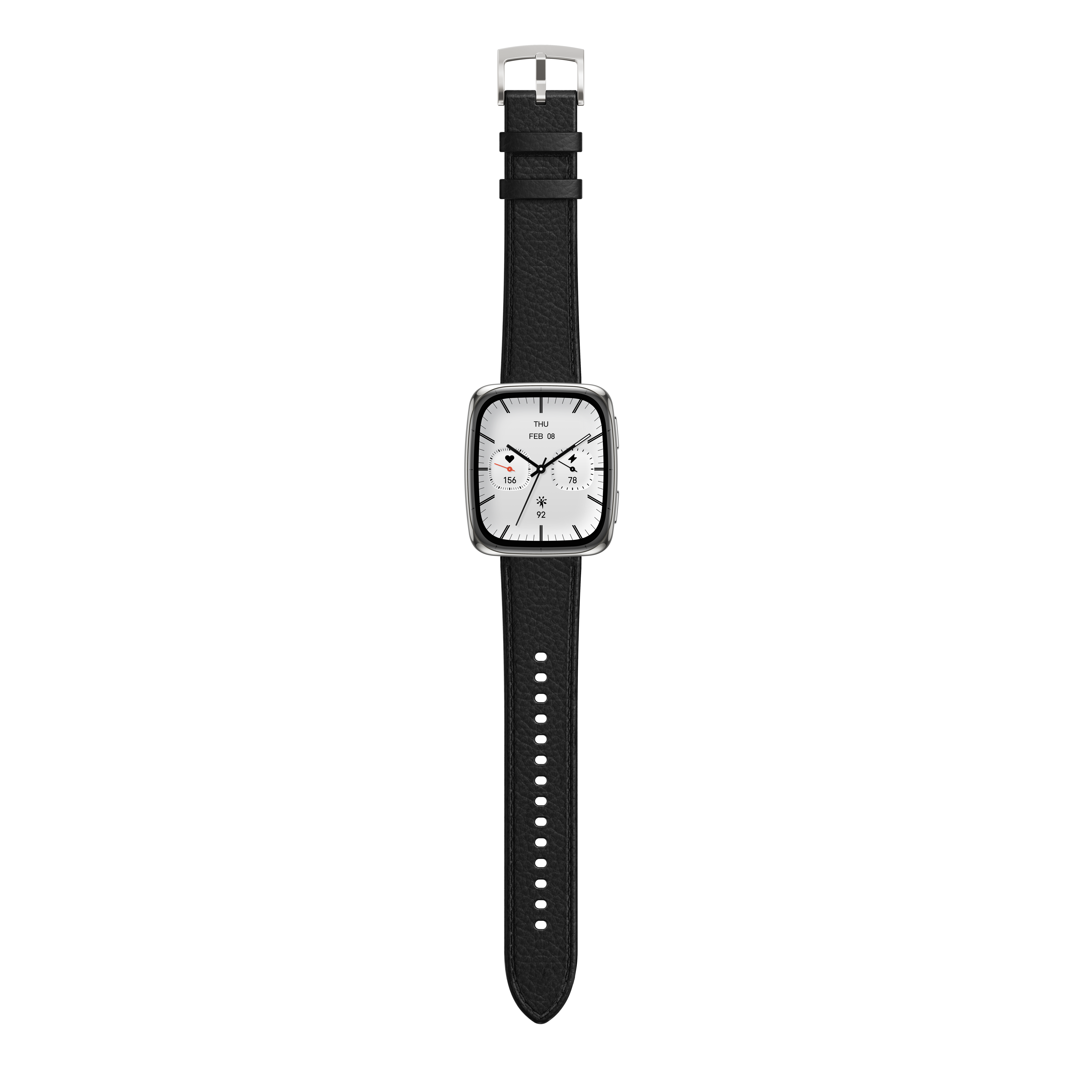 Eine silberne Smartwatch mit schwarzem Lederarmband. Das Zifferblatt zeigt Zeit und Gesundheitsdaten auf schwarzem Hintergrund.