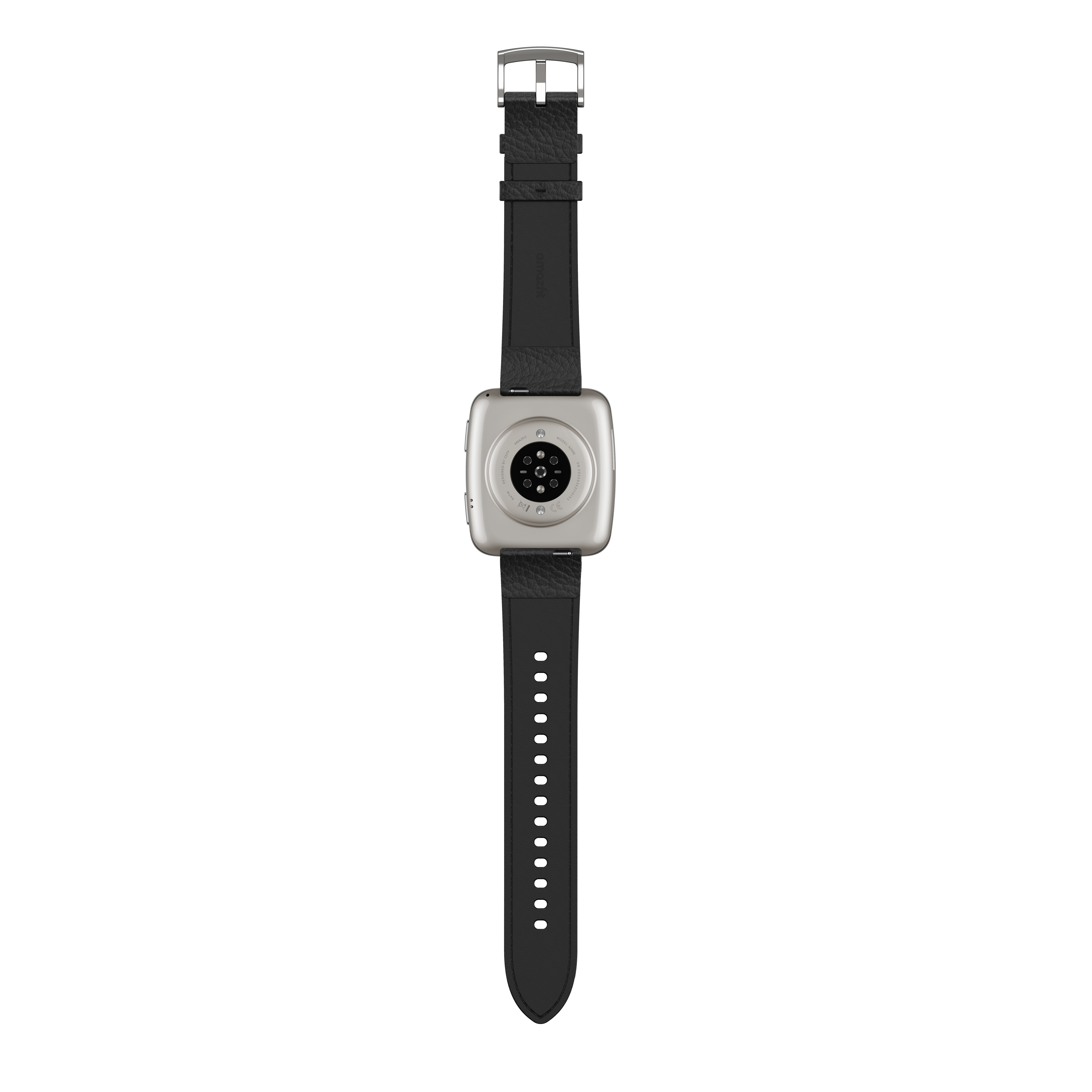 Rückansicht einer Smartwatch, schwarzes Lederarmband, silbernes Gehäuse und schwarzer Hintergrund. Details wie Sensoren und Markierungen sind sichtbar.