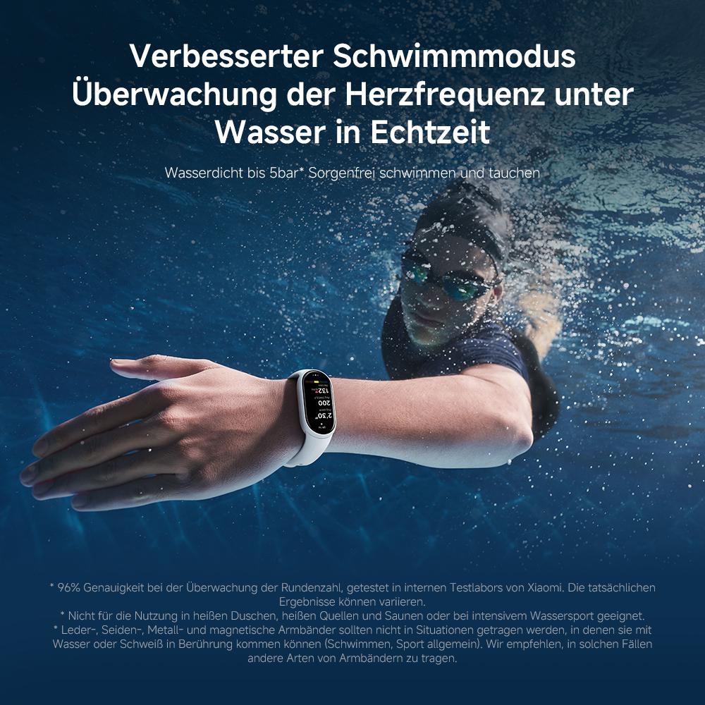 Eine Person schwimmt unter Wasser und trägt eine Brille und eine weiße Smartwatch mit Metriken. Text oben: 'Verbesserter Schwimmmodus'.