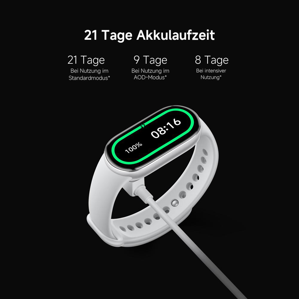 Eine weiße Smartwatch zeigt 08:16 und 100% Akku. Der Text oben zeigt Akkulaufzeit: 21 Tage, 9 Tage und 8 Tage für verschiedene Modi.