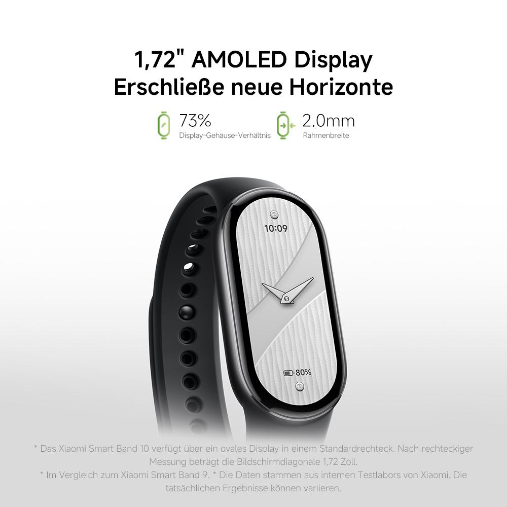 Eine Smartwatch zeigt Uhrzeit und Akkustatus an. Darüber steht: 1,72" AMOLED-Display. Prozentsatz und Größe werden angezeigt.