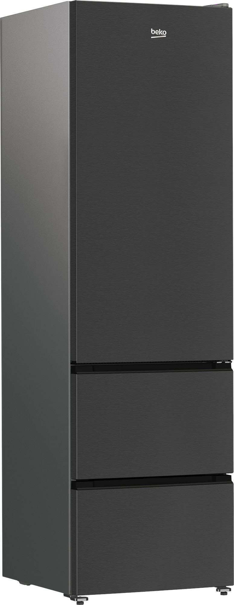 Czarna lodówka Beko z dwiema dolnymi szufladami i górnymi drzwiami. Logo Beko znajduje się na górnych drzwiach.