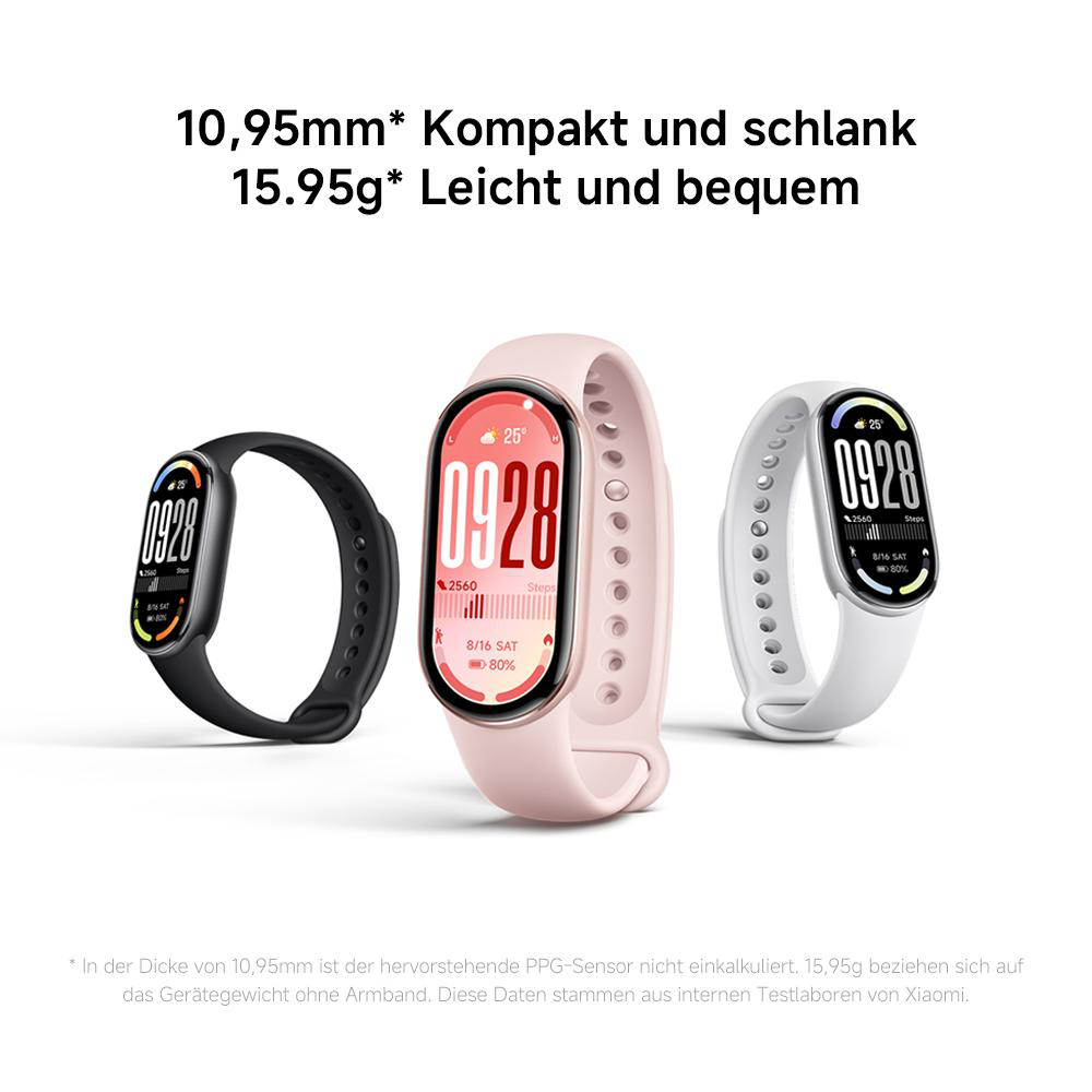 Drei Smartwatches: schwarz, rosa und weiß. Jede zeigt Zeit, Datum und Gesundheitsdaten an. Text oben gibt Abmessungen und Gewicht an.