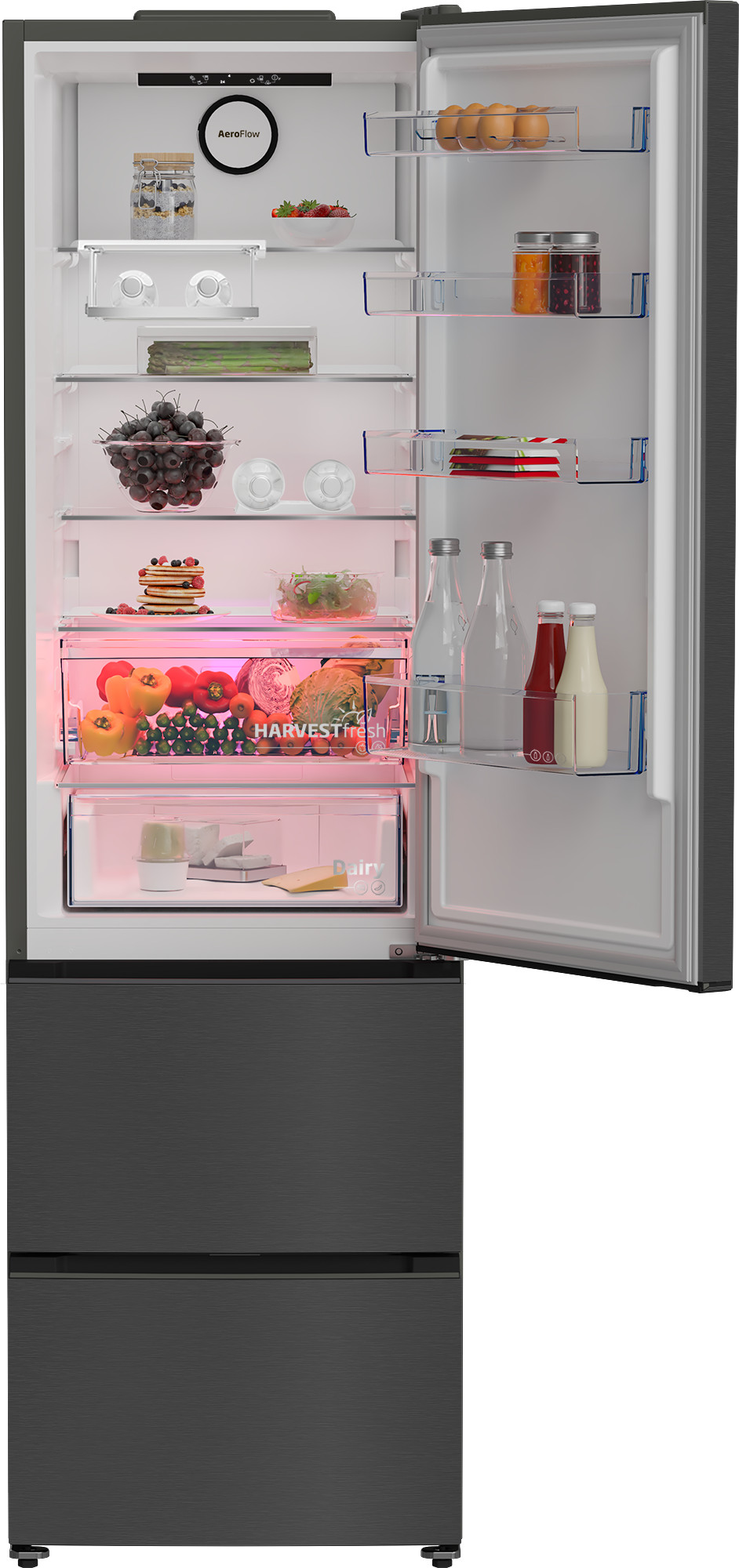 Otwarta lodówka z owocami, warzywami, jajkami i napojami. Zawiera winogrona, naleśniki i butelki. Szary wygląd.