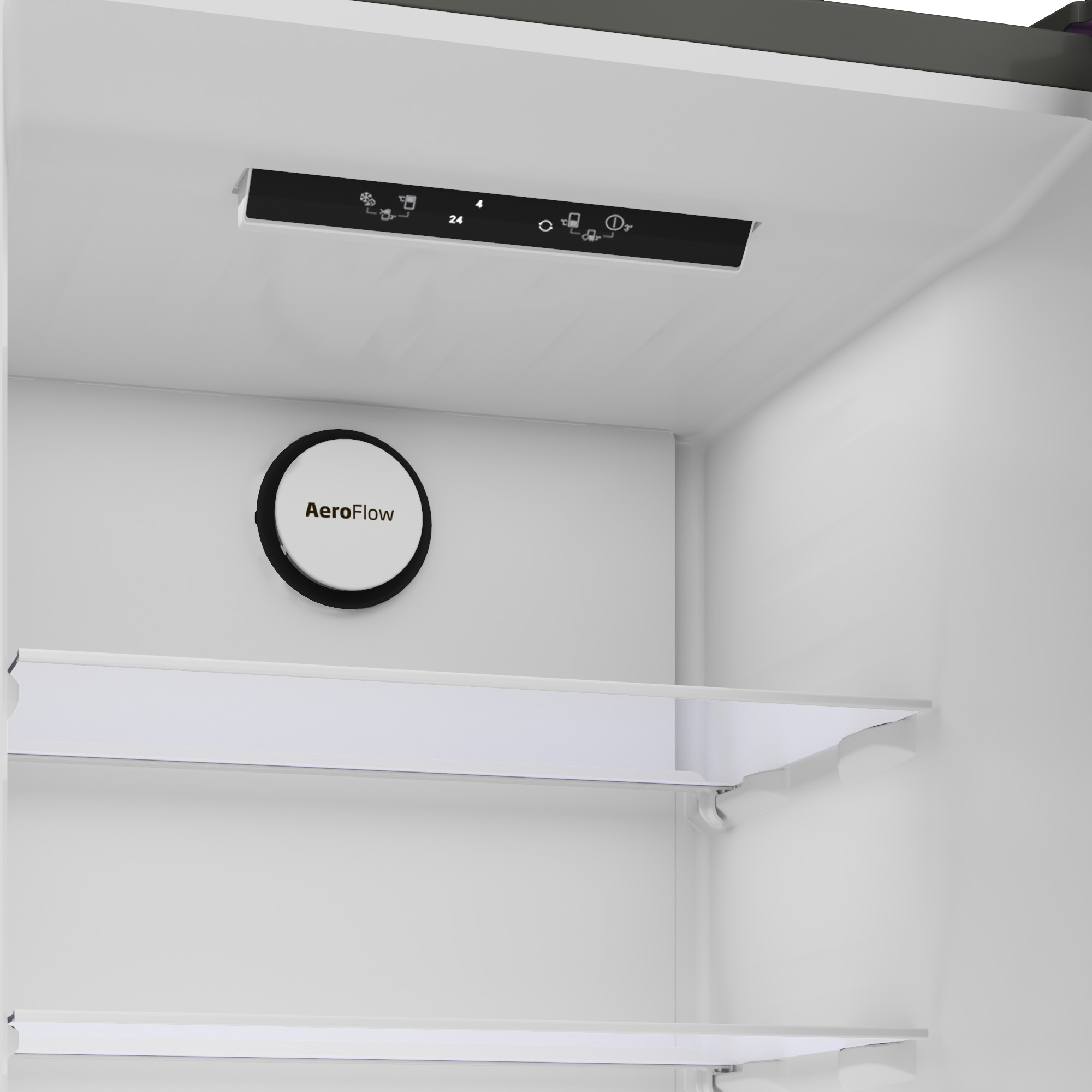 Wnętrze lodówki. Widoczne elementy sterujące, logo AeroFlow i półki. Białe wnętrze z czarnym panelem sterowania.