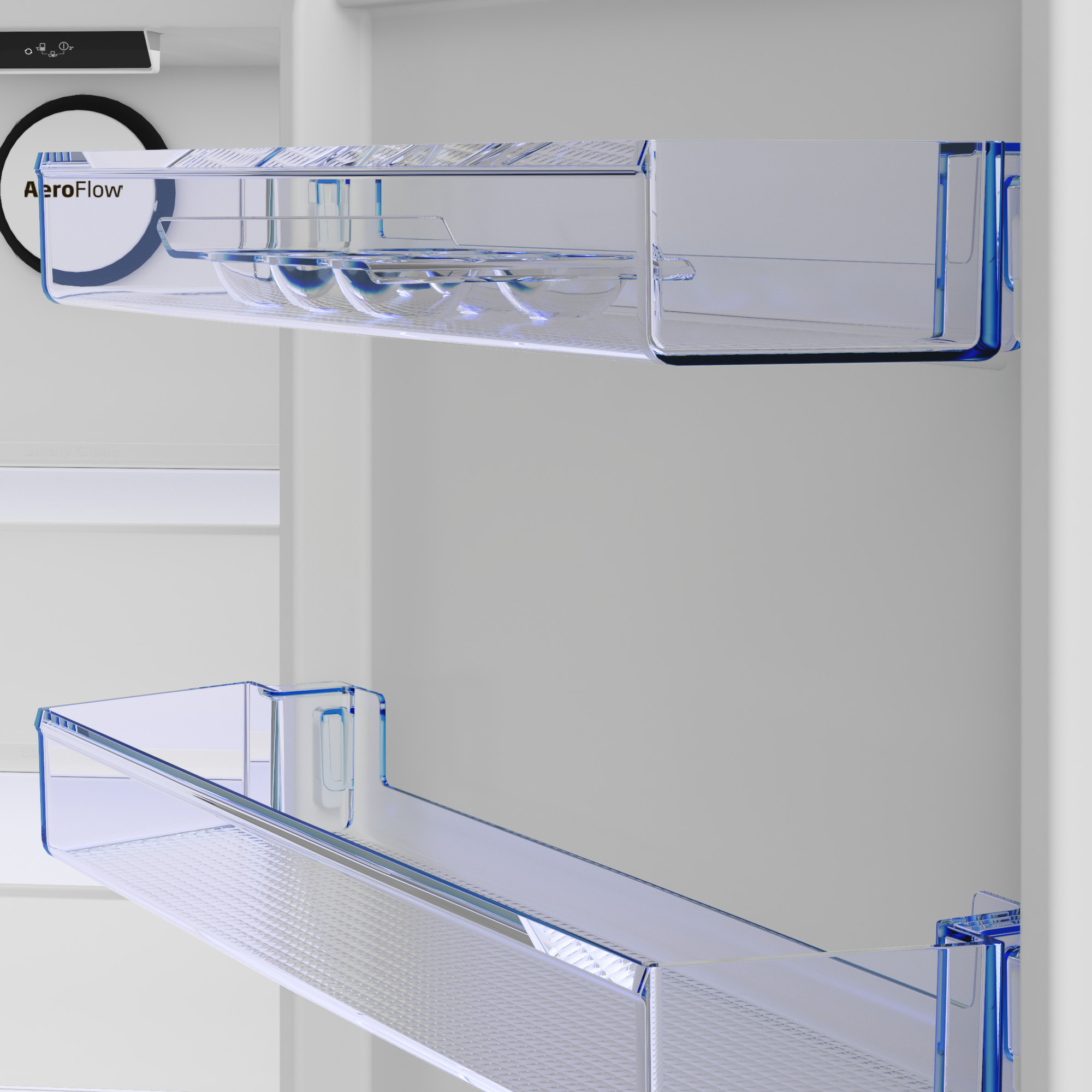 Wnętrze lodówki z przezroczystymi półkami i niebieskimi akcentami. Widoczny tekst AeroFlow.