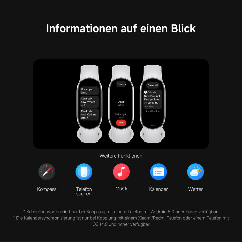 Smartwatch-Bildschirm zeigt Benachrichtigungen und Funktionen. Darunter Symbole für Kompass, Telefonsuche, Musik, Kalender und Wetter.
