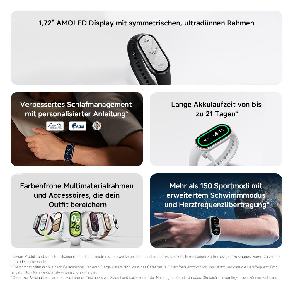 Eine Smartwatch mit schwarzem Armband zeigt die Uhrzeit an. Informationen und Bilder von Funktionen werden angezeigt.
