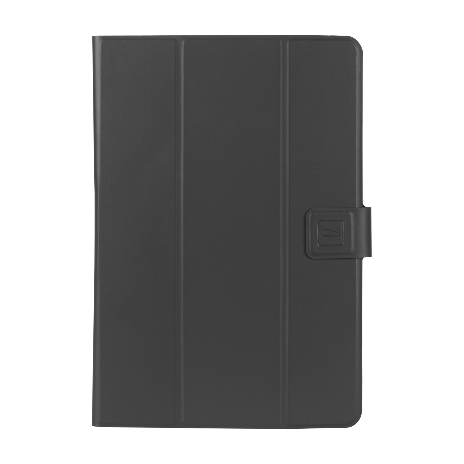 Una custodia nera per tablet con chiusura magnetica. La custodia è rettangolare e ha una superficie liscia, su sfondo bianco.