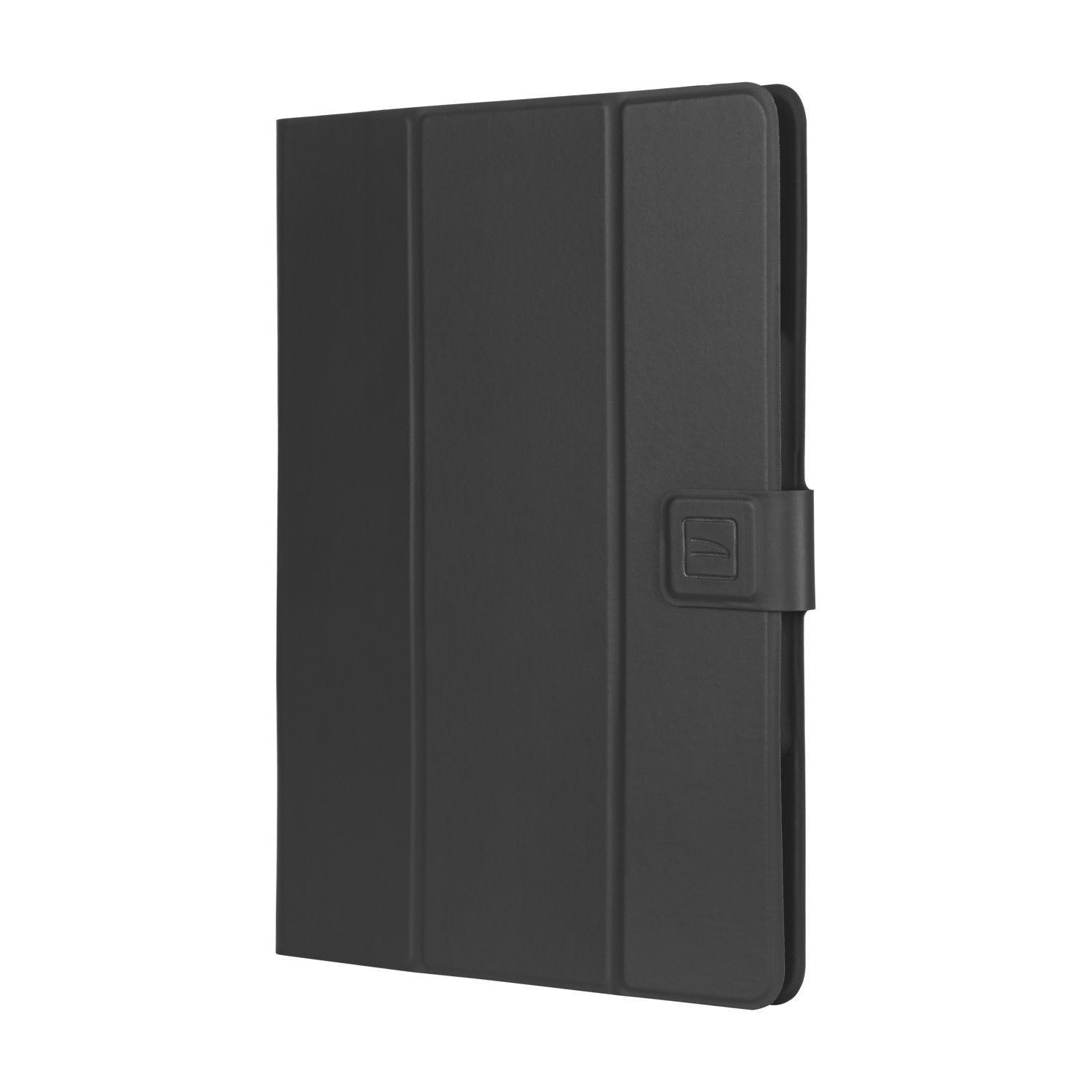 Una custodia nera per tablet con chiusura magnetica è mostrata su sfondo bianco. La custodia è rettangolare, con un design pulito.