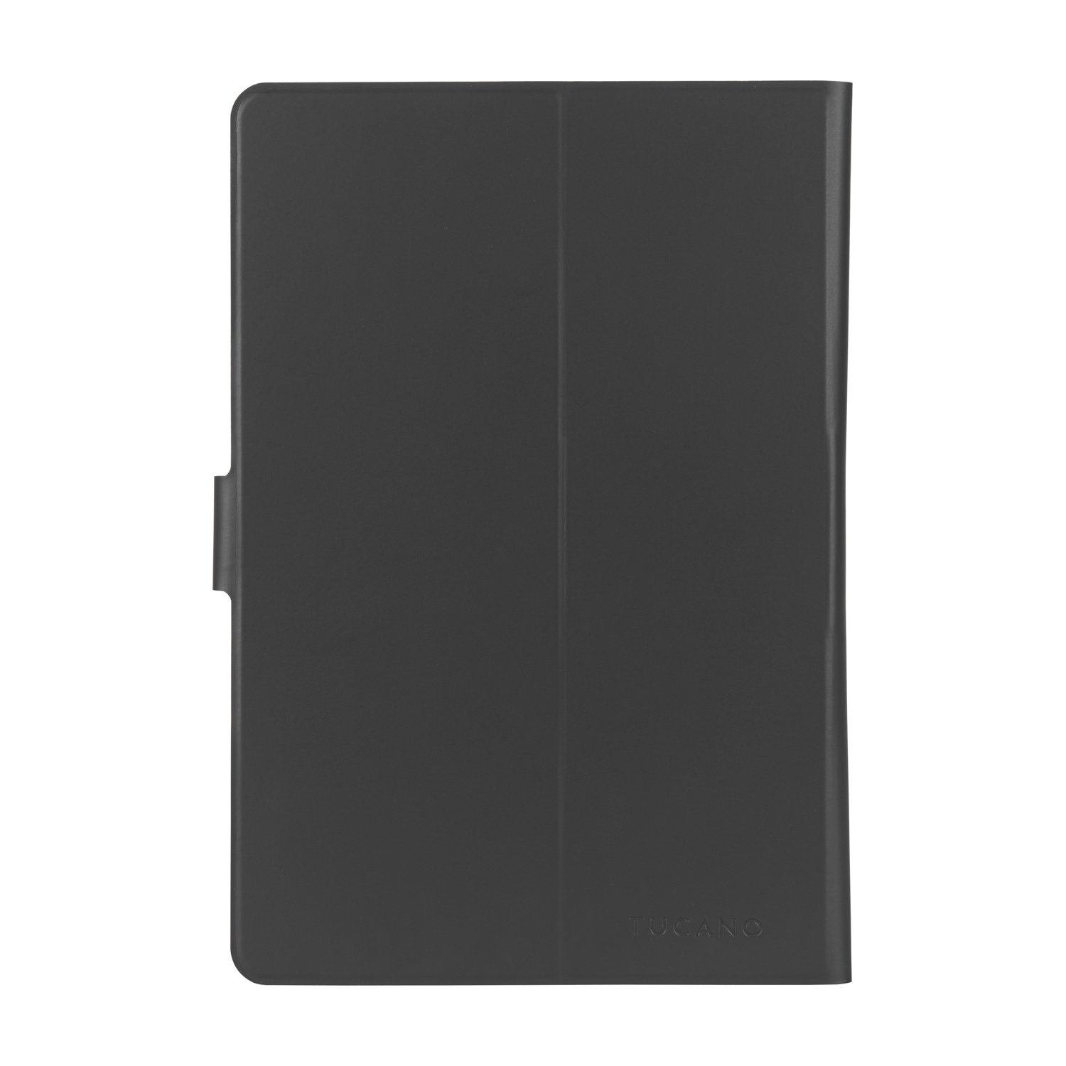 Una custodia nera per tablet con patta. Il marchio 'Tucano' è visibile in basso a destra.