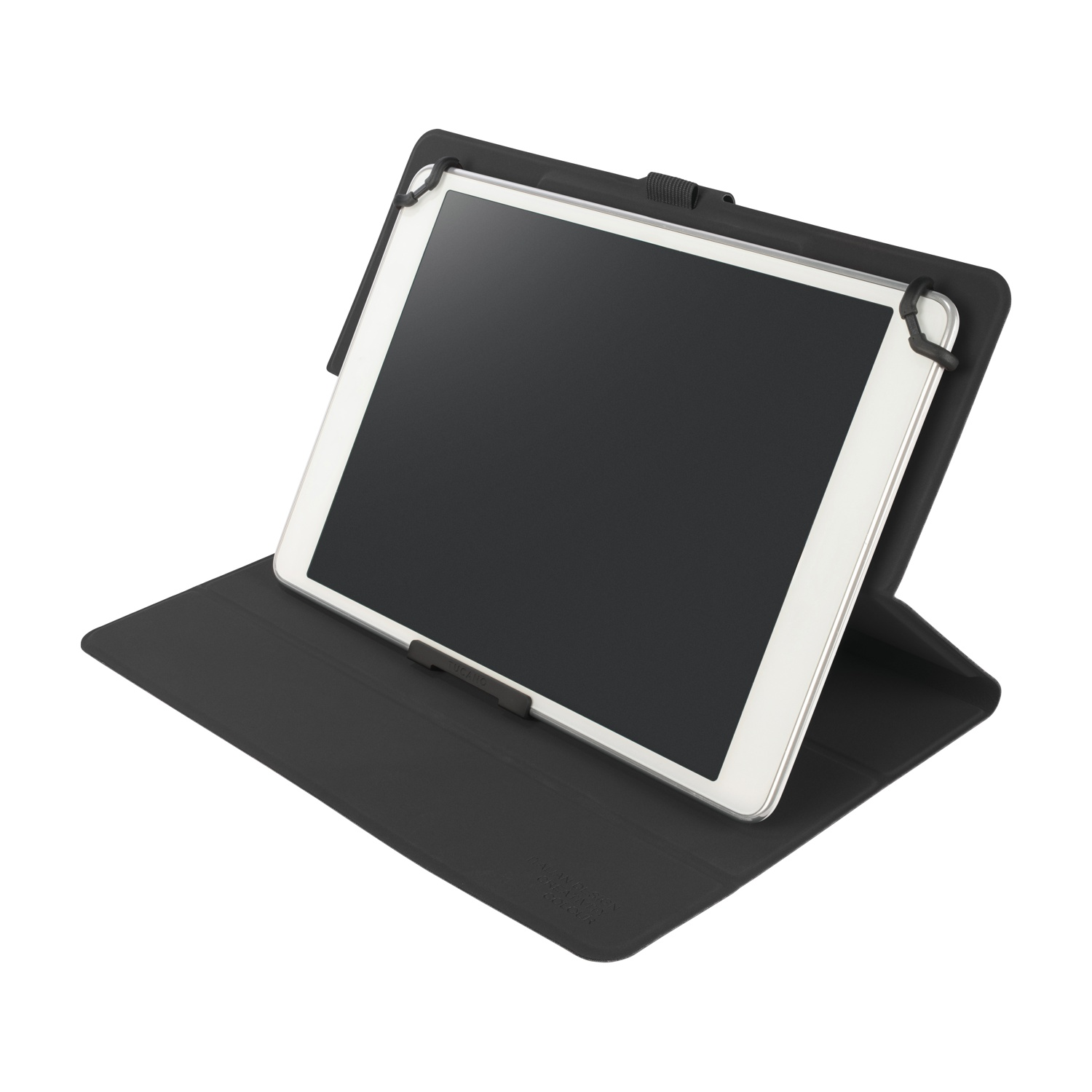 Un tablet in una custodia nera è su una superficie bianca. Lo schermo è nero. La custodia è aperta, con il tablet appoggiato.