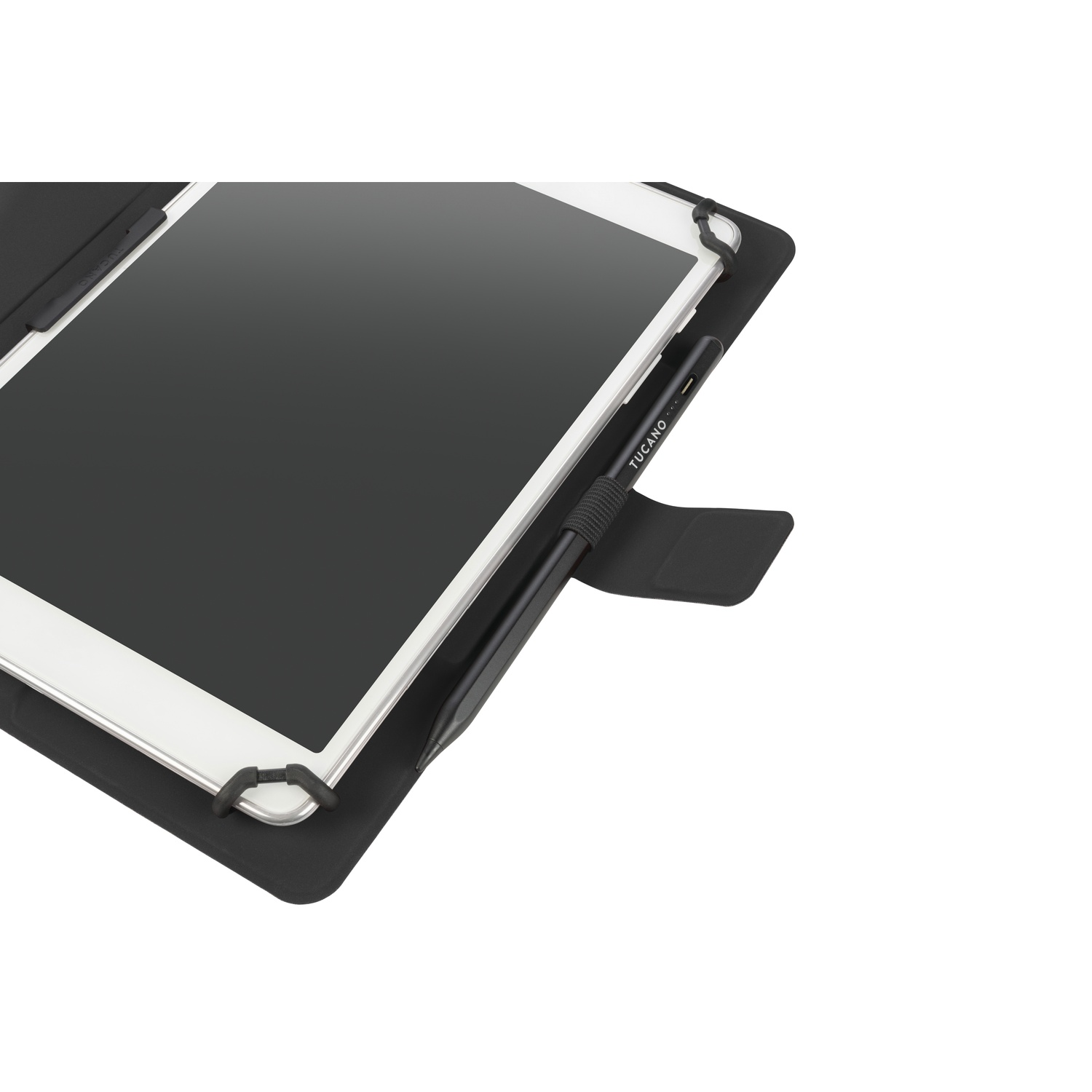 Tablet in una custodia nera con uno stilo nero. Il tablet è bianco con schermo nero. Lo stilo ha la scritta "Tucano".