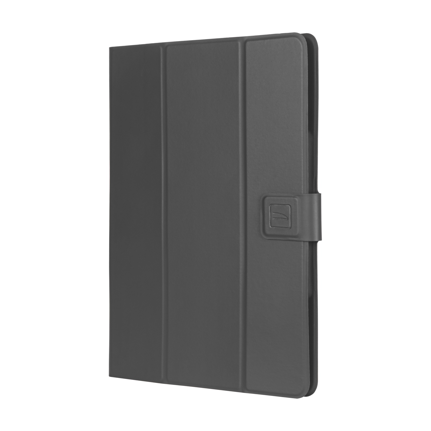 Una custodia per tablet grigio scuro chiusa. La custodia è rettangolare con chiusura magnetica. Su sfondo bianco.