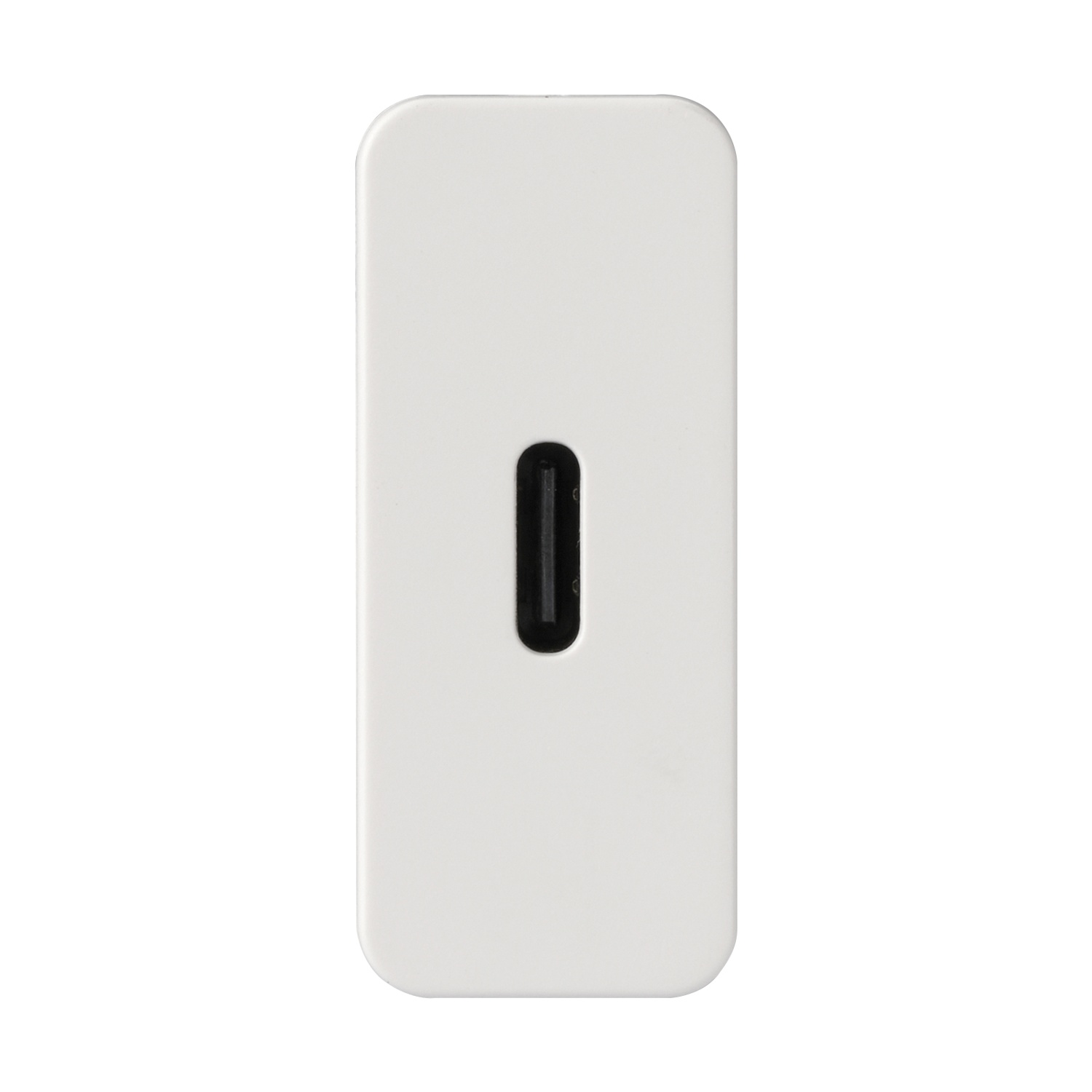 Un dispositivo bianco rettangolare con angoli arrotondati e un ovale nero allungato al centro.