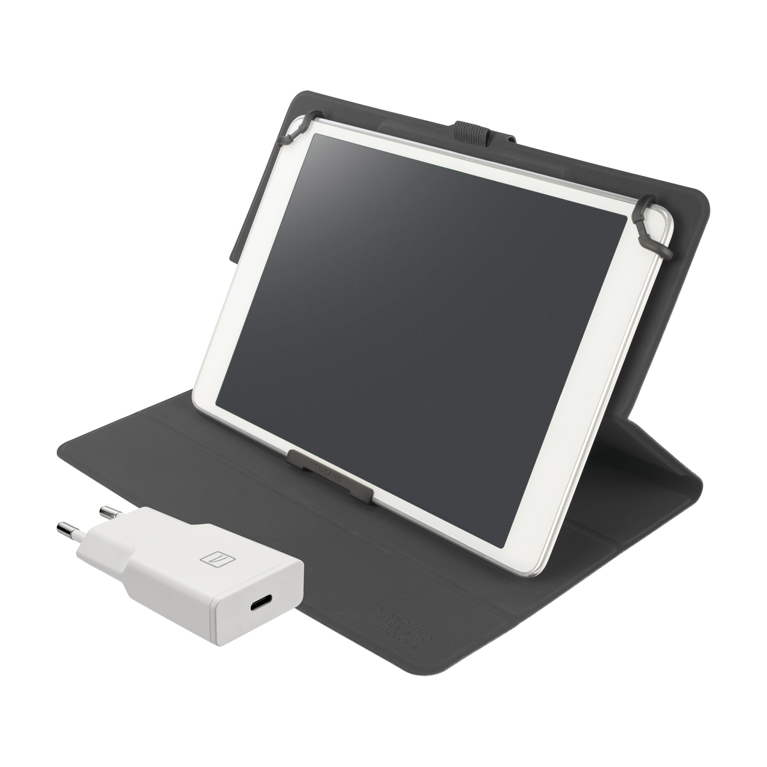 Un tablet in una custodia grigio scuro, con un caricatore bianco accanto. Lo schermo del tablet è nero.