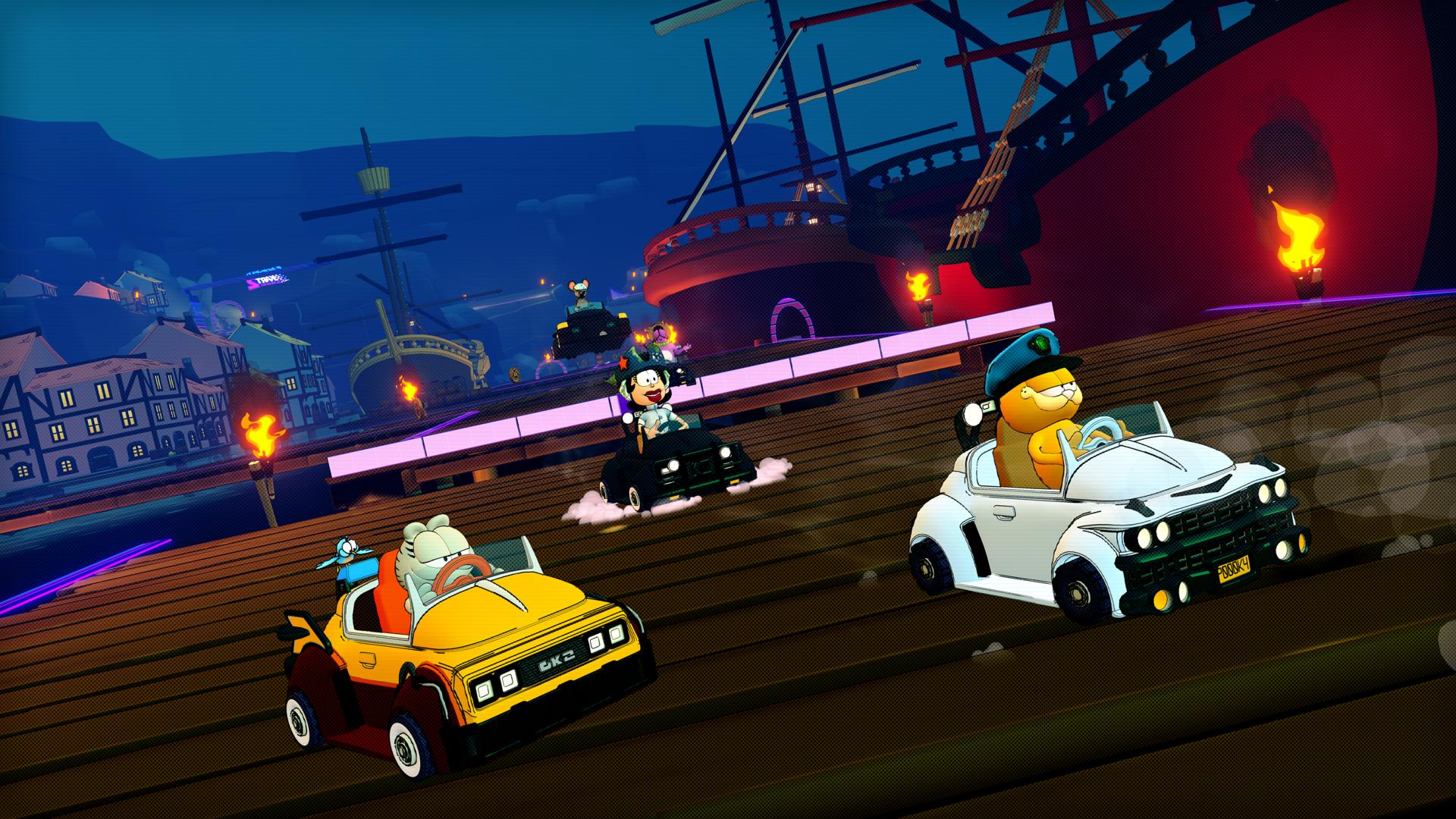 Cartoon-Rennfahrer fahren Karts auf einem Pier. Garfield, Odie und andere rasen nachts in der Nähe von Piratenschiffen. Die Szene ist farbenfroh.