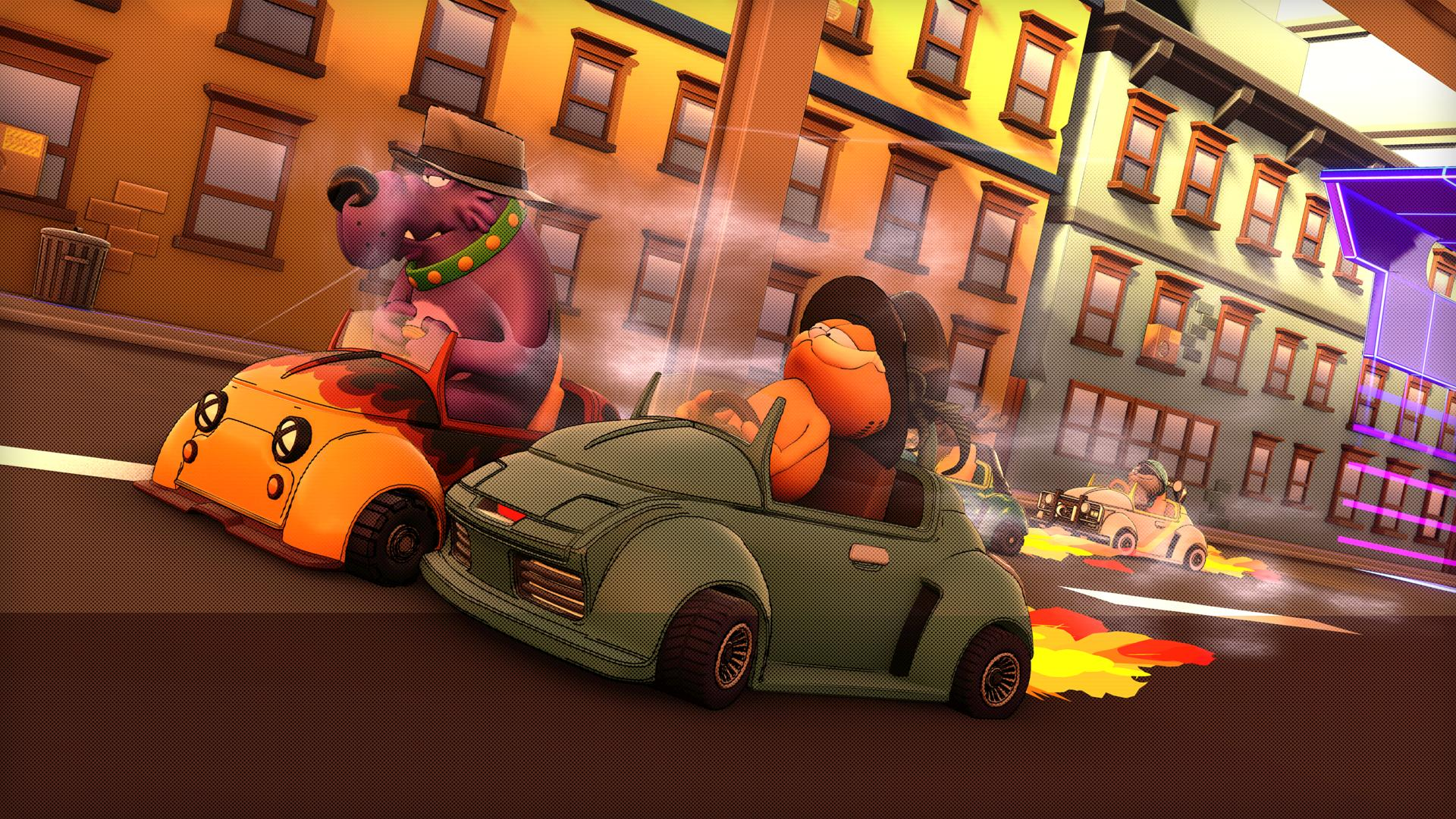 Cartoon-Rennszene. Hund und Garfield fahren Autos, Gebäude im Hintergrund. Rauch und Flammen von den Autos. Stadtkulisse.