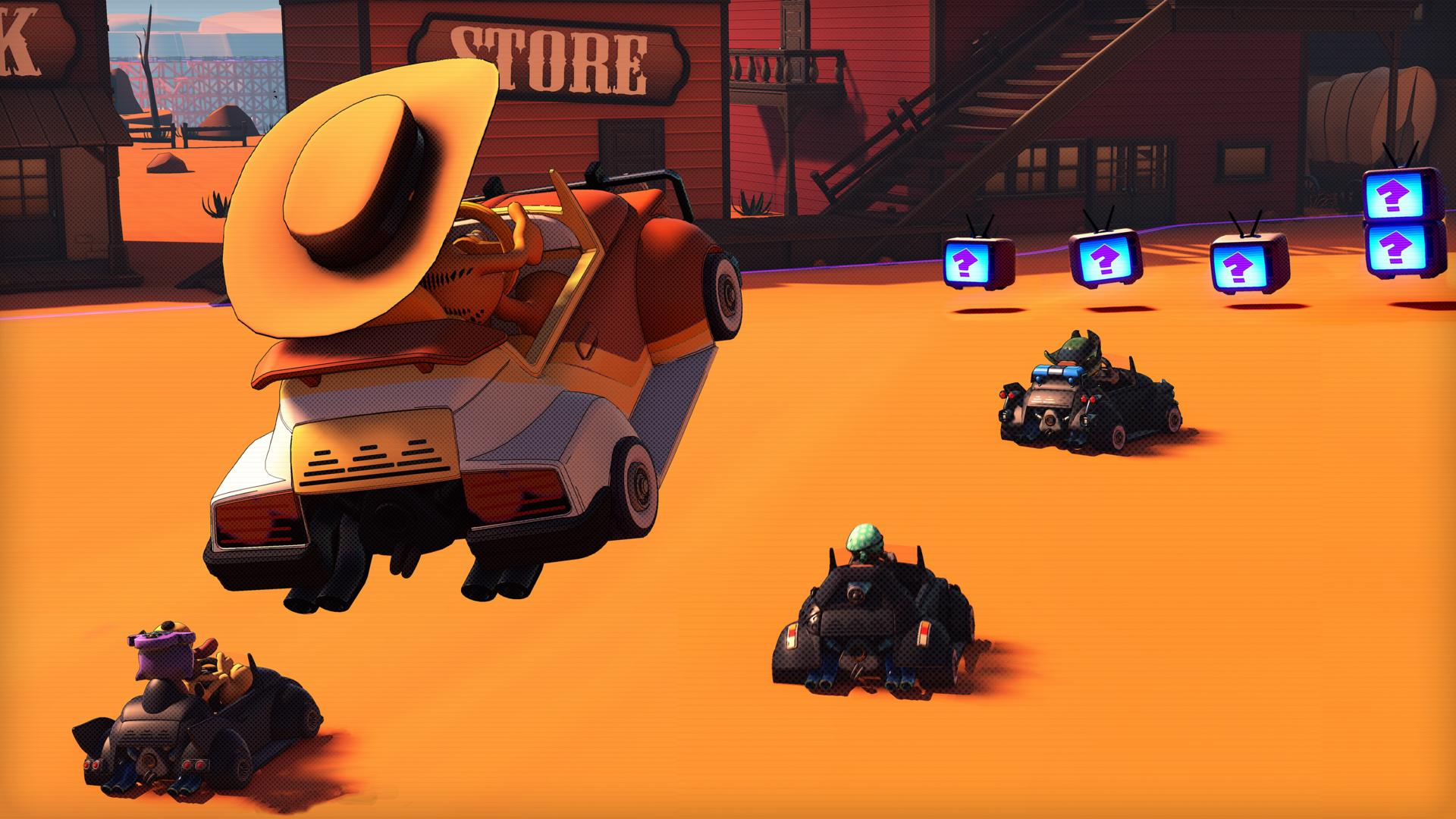 Cartoon-Szene mit Rennwagen und Fernsehern. Cowboyhut auf einem Auto, Gebäude im Hintergrund. Fragezeichen auf den Fernsehern.