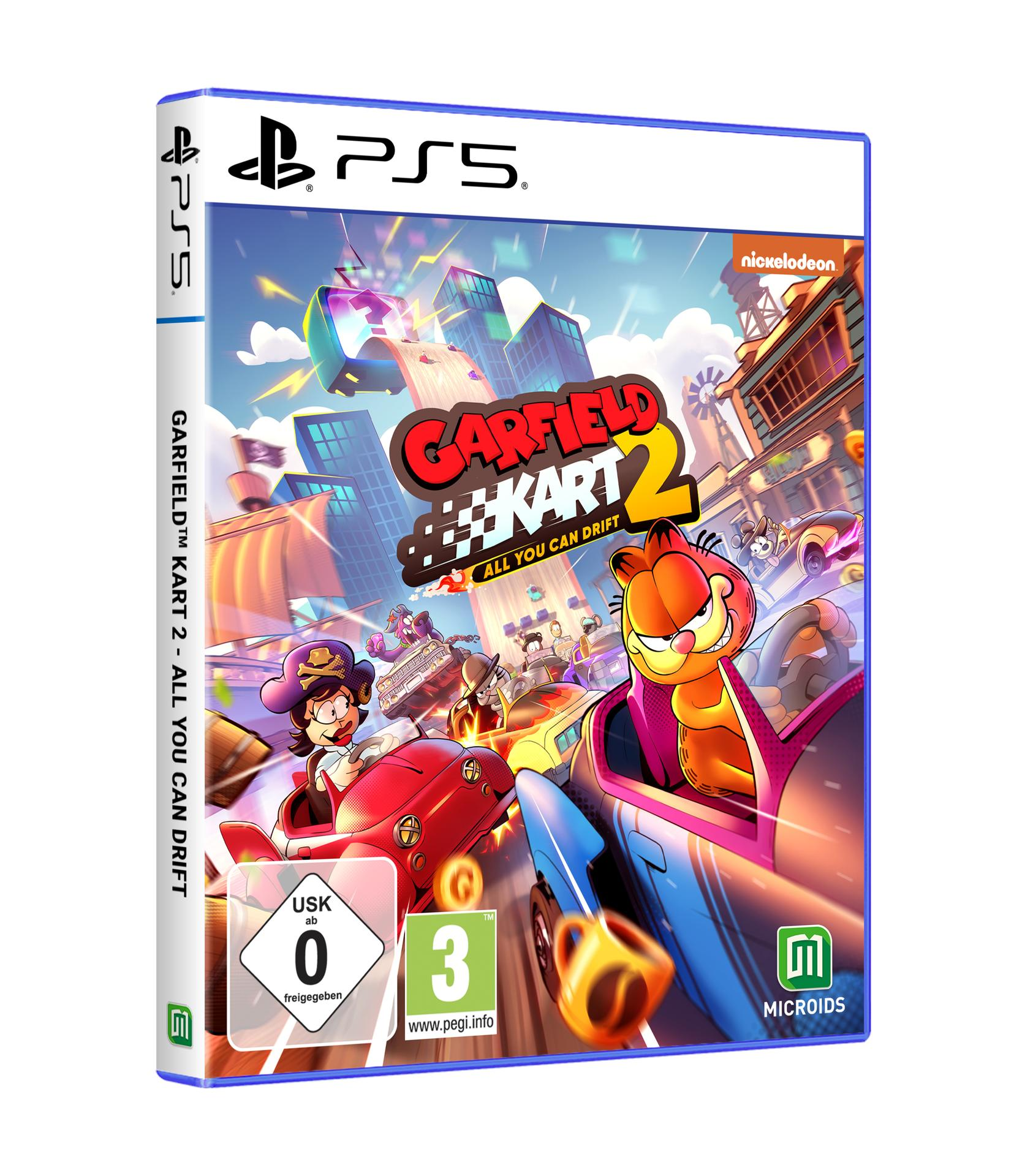 Garfield Kart 2 PS5-Spielbox. Garfield, Odie und andere Charaktere fahren in bunten Karts. Die Box hat ein blaues und weißes Design.