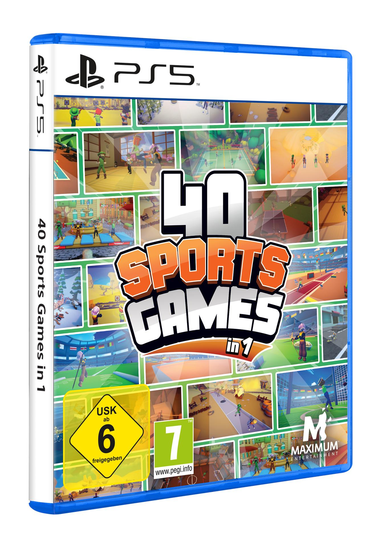 PS5-Spielhülle mit dem Titel "40 Sports Games in 1". Enthält Spiel-Screenshots, ein Bewertungssymbol und das PS5-Logo.
