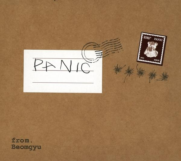 Brauner Umschlag mit "PANIC". Ein Stempel und Stempelmarkierungen sind vorhanden. Unten steht "von. Beomgyu".