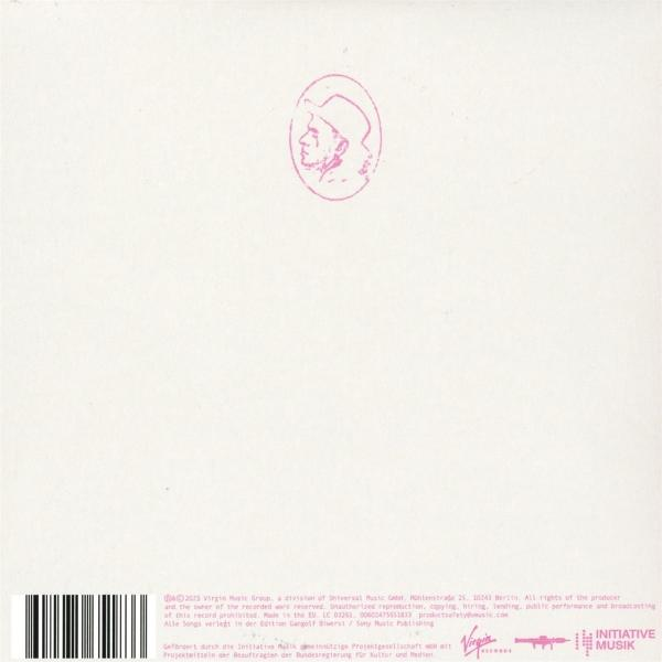 Weißes Albumcover mit rosa ovalem Porträt. Unten Barcode und Text zur Produktion der Schallplatte.