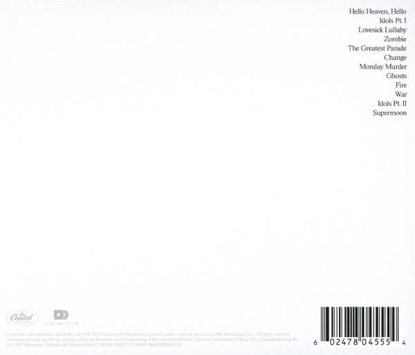 Weißes Albumcover mit einer Liste von Titeln rechts. Ein Barcode befindet sich unten rechts.