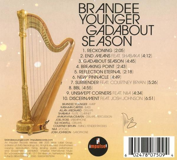 Albumcover mit goldener Harfe, Titel 'Gadabout Season' und Titelliste. Impulse!-Logo unten rechts.