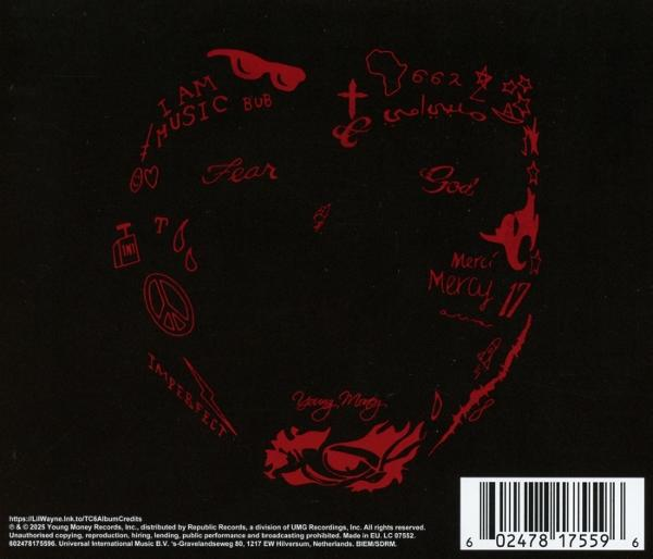 Schwarzer Hintergrund mit roten Tattoos in Gesichtsform. Enthält Wörter wie "Fear", "God" und "Mercy 17" und einen Barcode.