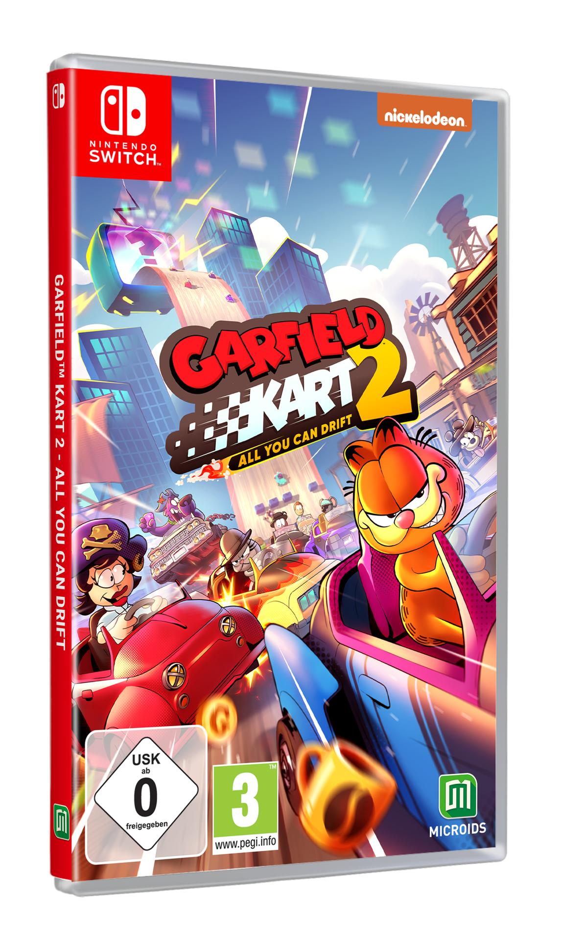 Spielbox für Garfield Kart 2. Garfield und Freunde fahren in bunten Karts auf einer Stadtstrecke. Nintendo Switch Logo sichtbar.