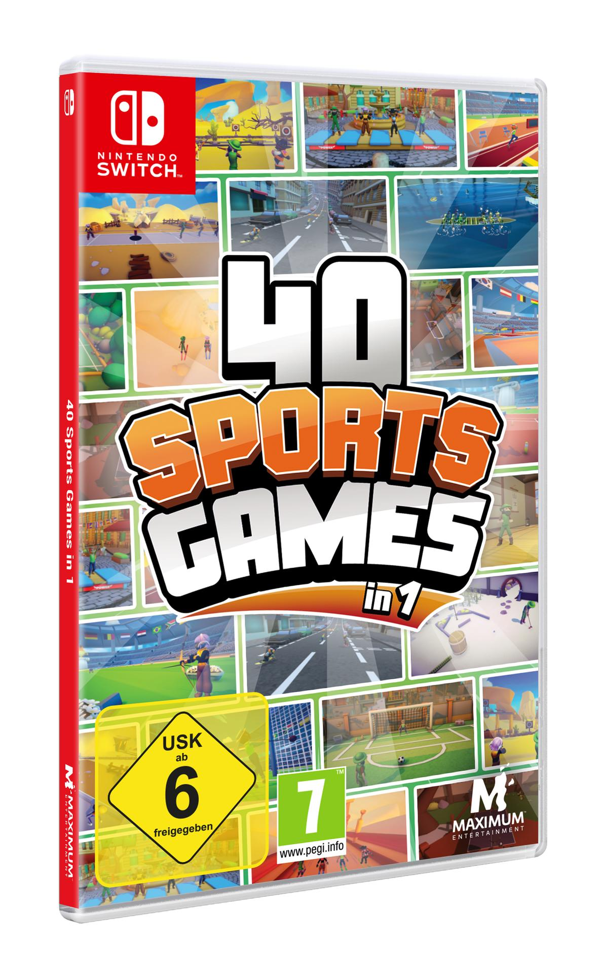 Nintendo Switch Spielhülle. Titel: 40 Sports Games in 1. Mit verschiedenen Sportszenen in kleinen quadratischen Bildern. Bewertung: USK ab 6.