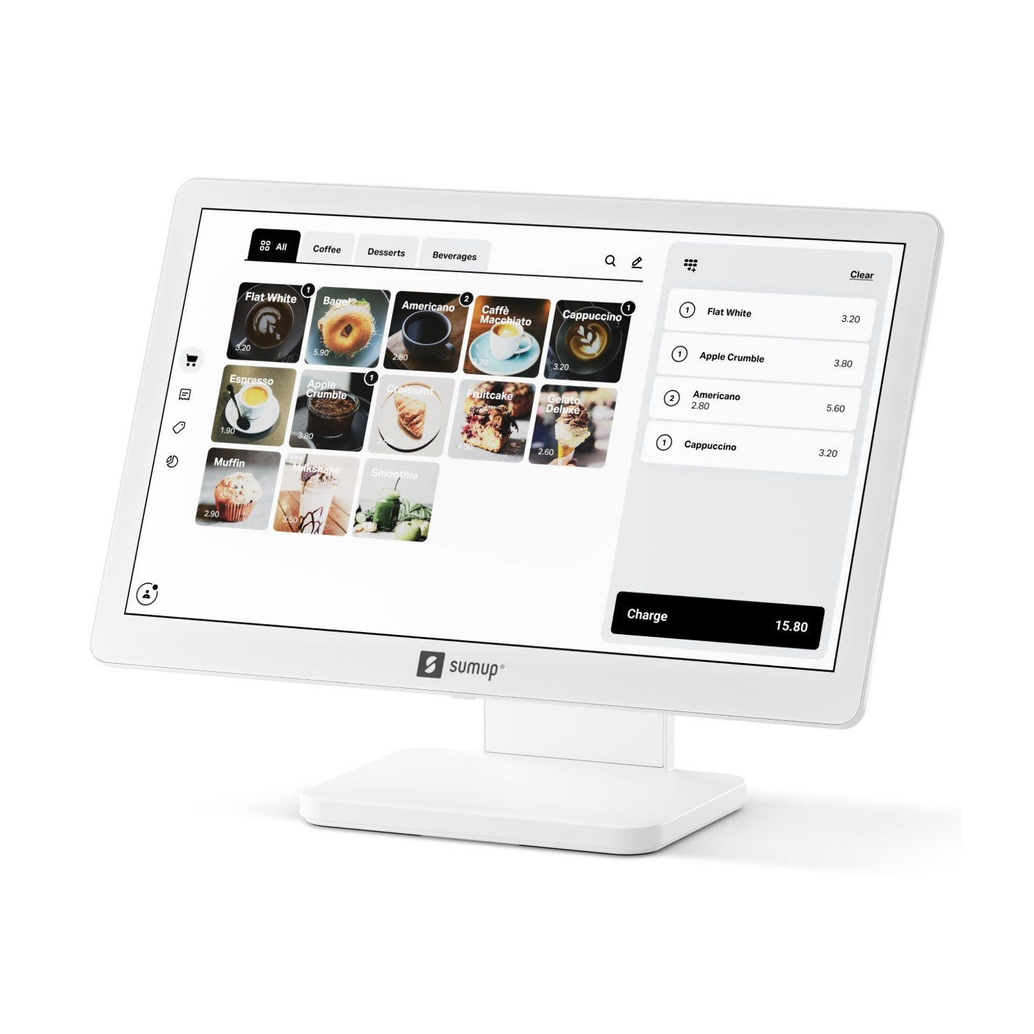 Un sistema POS touchscreen bianco che mostra un menu con caffè e dessert. Il totale è 15,80. Il logo SumUp è sulla base.
