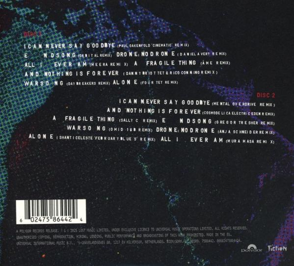 Pochette d'album avec texte comprenant les titres des chansons et les remixeurs, un code-barres et le logo du label.