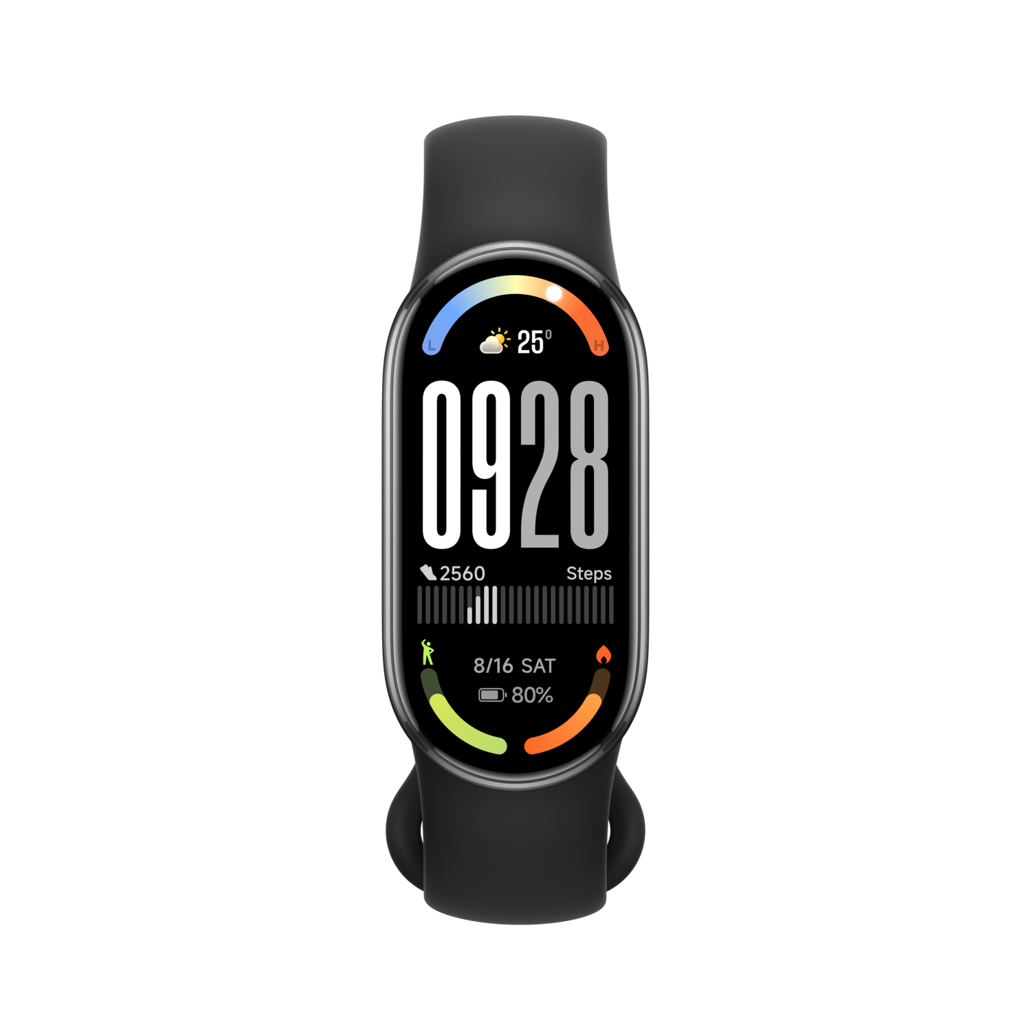 Een zwarte fitnesstracker toont de tijd, stappen, het weer en de batterijduur. De achtergrond is volledig zwart.