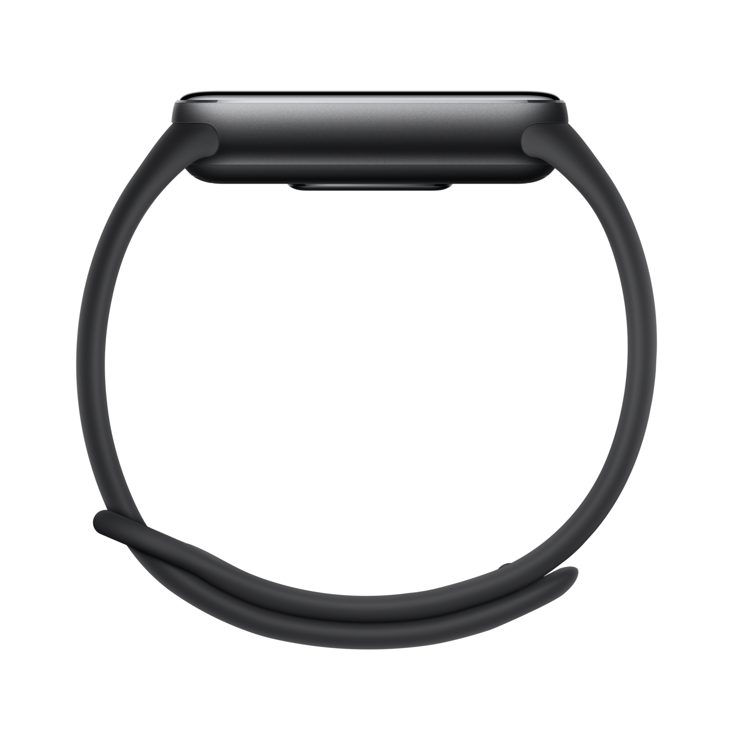 Een zwarte smartwatch met een donkergrijze band wordt getoond tegen een zwarte achtergrond. De band vormt een volledige cirkel.