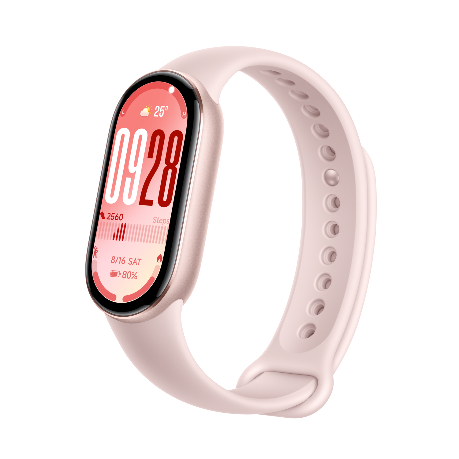Een lichtroze smartwatch met gebogen scherm toont tijd, datum, stappen en batterijniveau. De band heeft gaten.