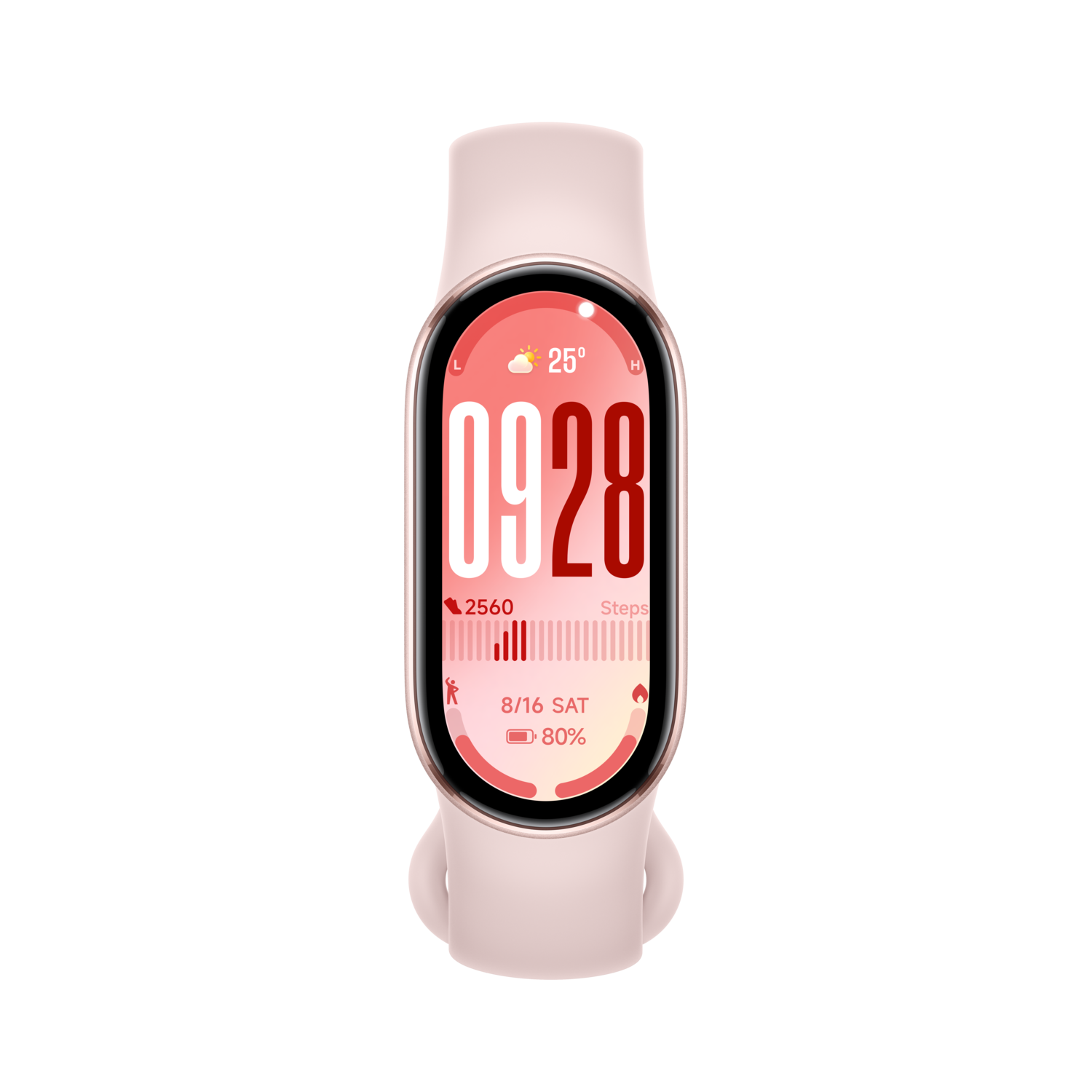 Een roze smartwatch op een zwarte achtergrond. De wijzerplaat toont tijd, temperatuur, stappen en batterijniveau.
