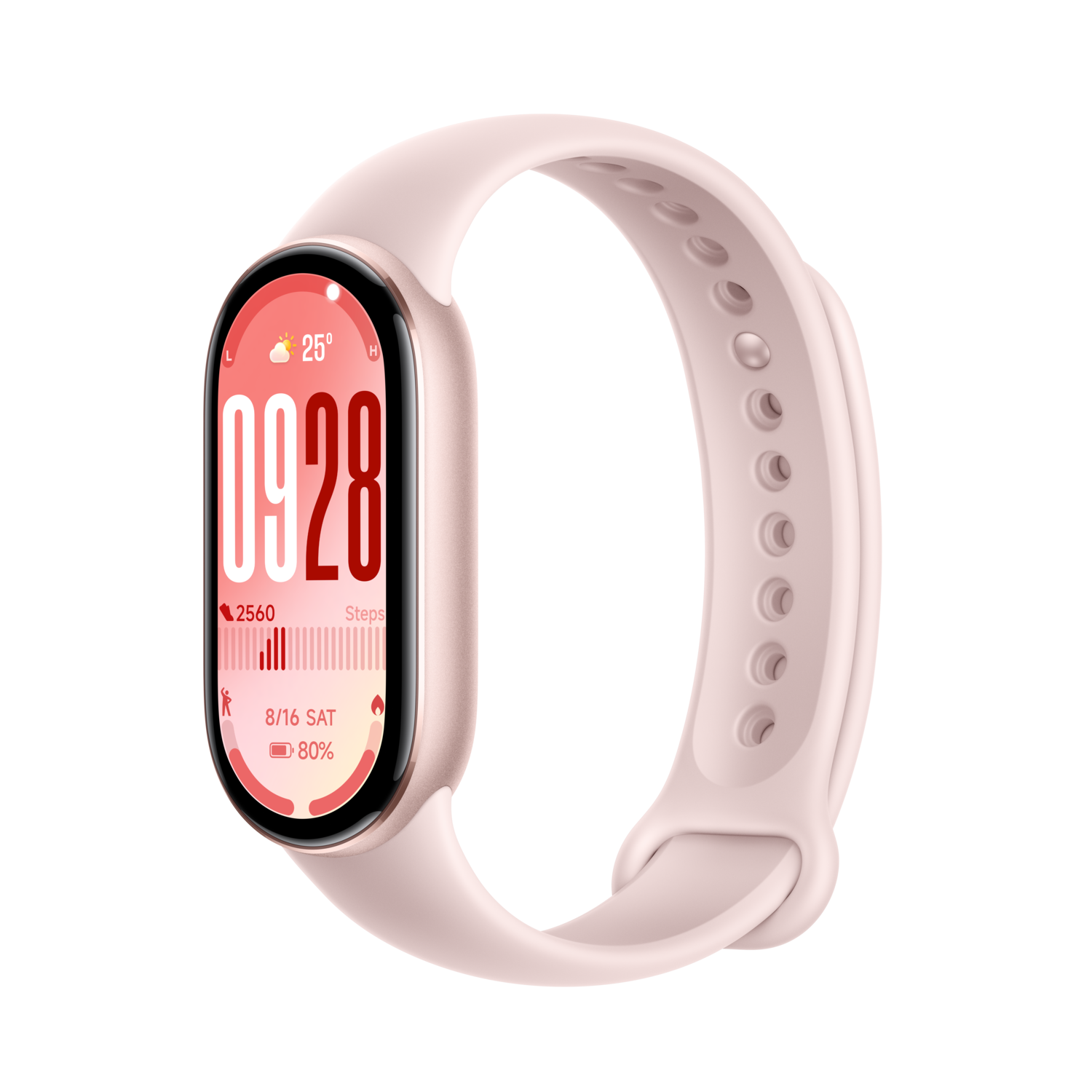 Een roze smartwatch met een gebogen scherm toont tijd, stappen, batterij en datum. De band is ook roze, tegen een zwarte achtergrond.