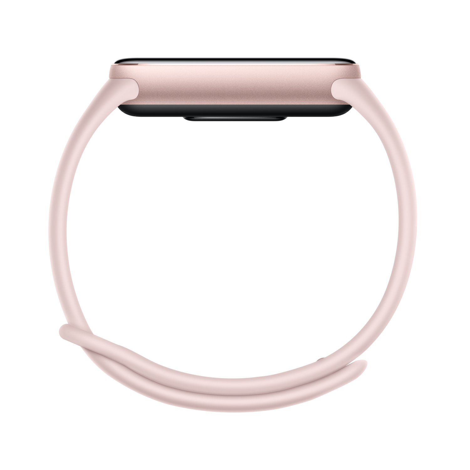 Een roségouden smartwatch wordt weergegeven tegen een zwarte achtergrond. De band vormt een lus, en de wijzerplaat is zichtbaar.